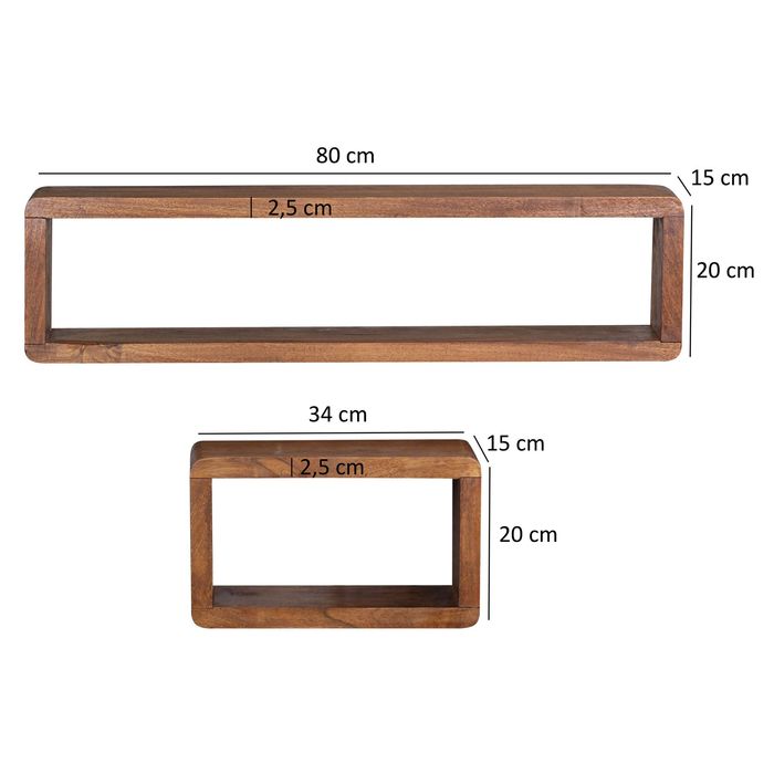 FineBuy 3er Set Wandregale Massivholz Holzregal Landhaus Wandboard Naturprodukt – Maßzeichnung