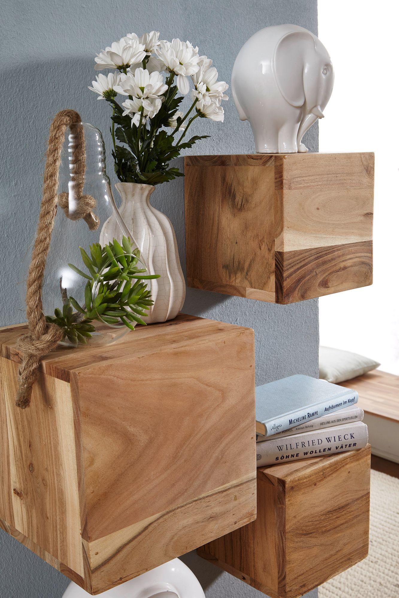 FineBuy 4er Set Wandregale Massivholz Holzregal Landhaus Hängeregal 25 cm und 20 cm Echtholz Wandboard | Farbe: Braun