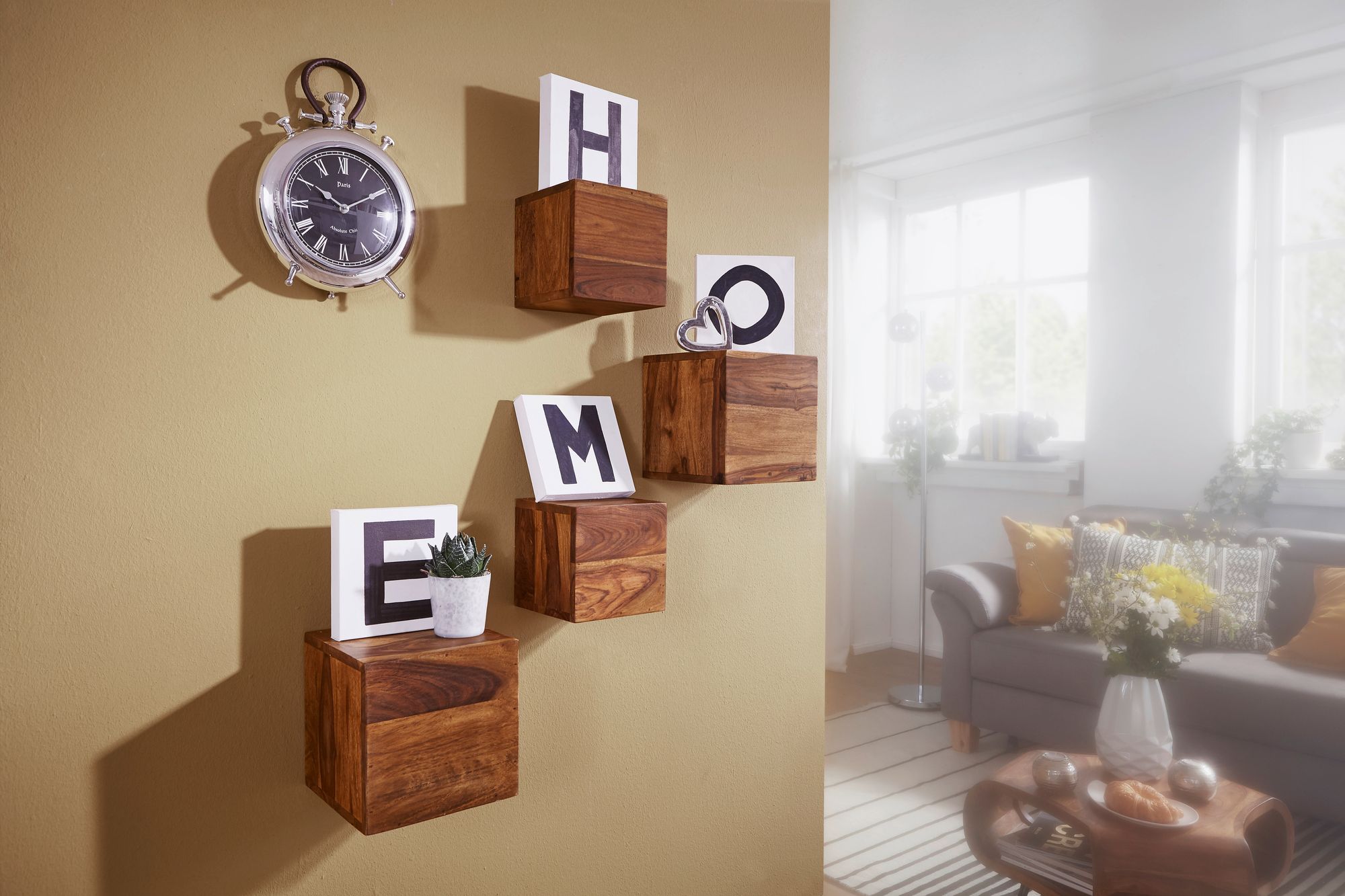 FineBuy 4er Set Wandregale Massivholz Holzregal Landhaus Hängeregal 25 cm und 20 cm Echtholz Wandboard | Farbe: Braun