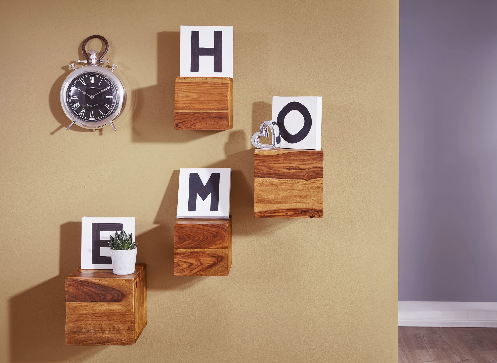 FineBuy 4er Set Wandregale Massivholz Holzregal Landhaus Hängeregal 25 cm und 20 cm Echtholz Wandboard | Farbe: Braun