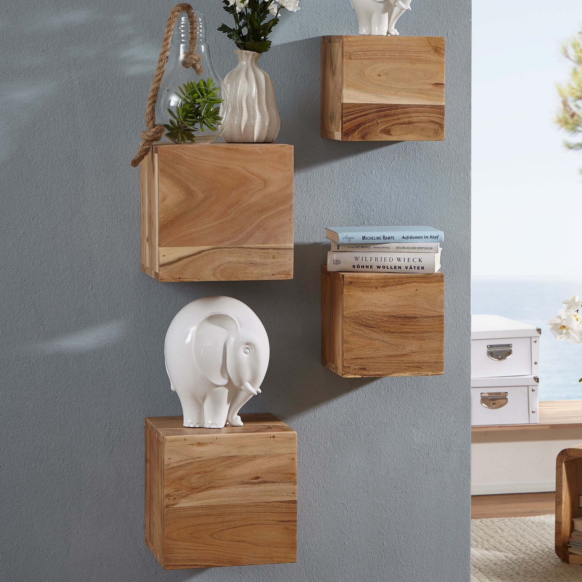 FineBuy 4er Set Wandregale Massivholz Holzregal Landhaus Hängeregal 25 cm und 20 cm Echtholz Wandboard | Farbe: Braun