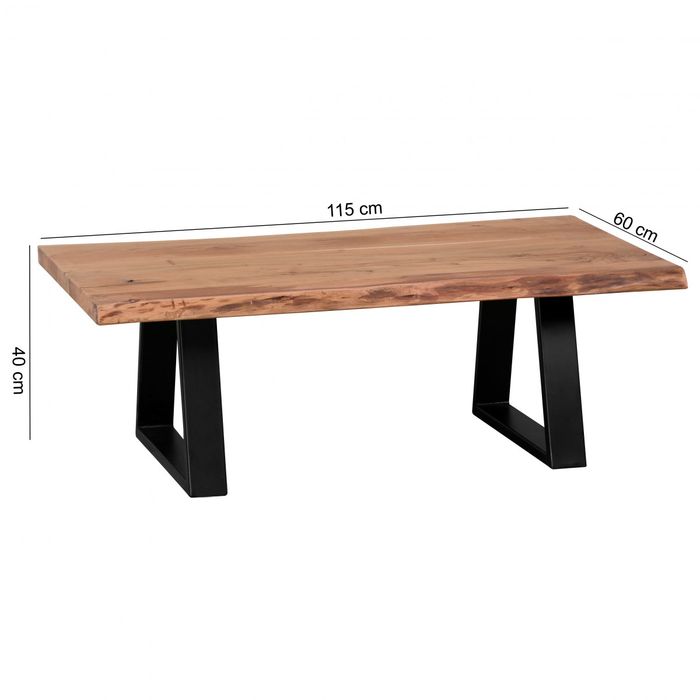Couchtisch Akazie Massiv 115cm Rechteckiger Wohnzimmertisch Baumkante Metallkufe – Maßzeichnung