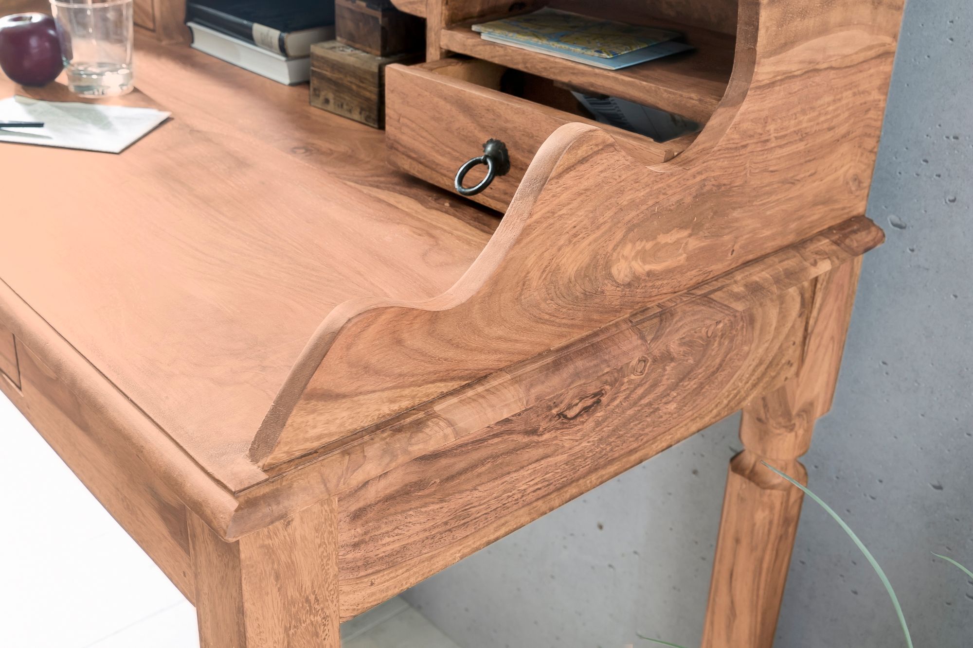 FineBuy Schreibtisch Massivholz Konsole, Sekretär 115 x 100 x 60 cm mit 3 Schubladen und Fächern, Konsolentisch Landhaus-Stil aus Natur-Holz modern, Arbeits-Tisch mit vielen Ablagemöglichkeiten | Farbe: Braun