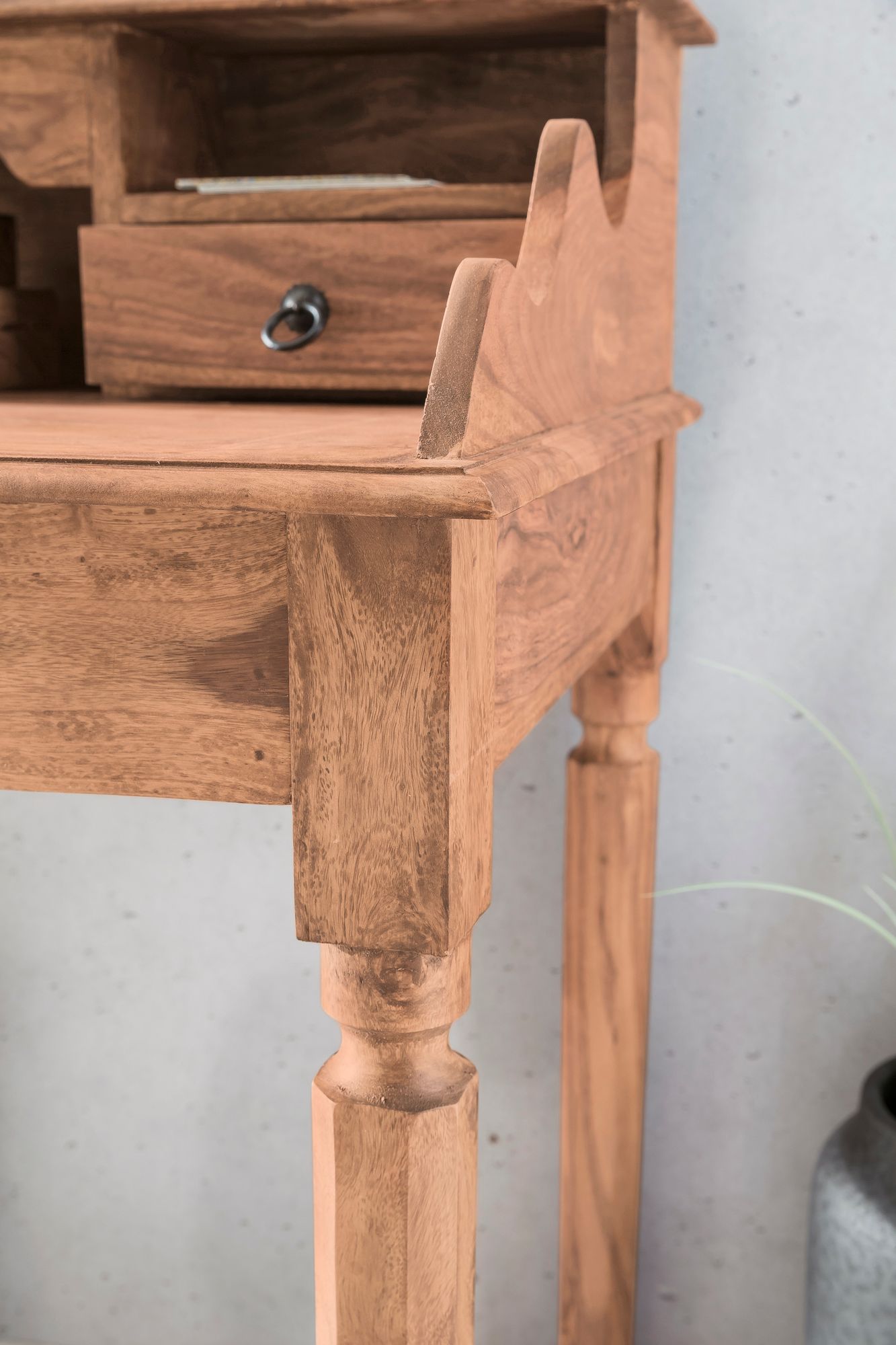 FineBuy Schreibtisch Massivholz Konsole, Sekretär 115 x 100 x 60 cm mit 3 Schubladen und Fächern, Konsolentisch Landhaus-Stil aus Natur-Holz modern, Arbeits-Tisch mit vielen Ablagemöglichkeiten | Farbe: Braun