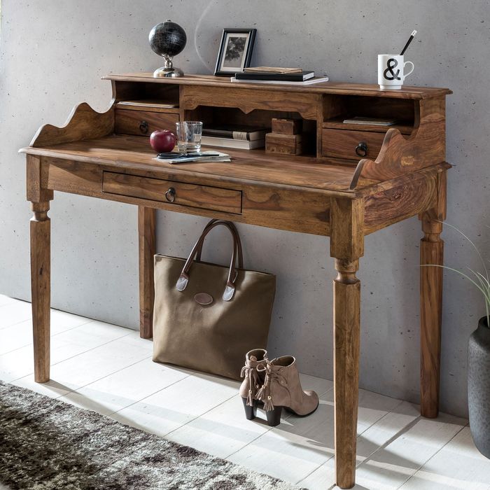 FineBuy Schreibtisch Massivholz Konsole, Sekretär 115 x 100 x 60 cm mit 3 Schubladen und Fächern, Konsolentisch Landhaus-Stil aus Natur-Holz modern, Arbeits-Tisch mit vielen Ablagemöglichkeiten