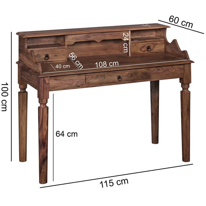 Sekretär FineBuy Schreibtisch Holz Massiv Konsolentisch 115 cm mit Schubladen – Maßzeichnung