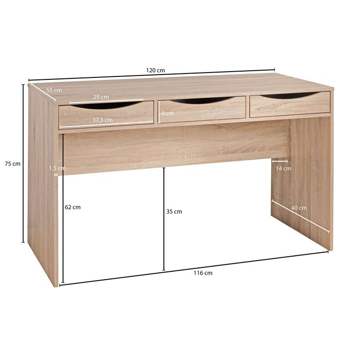 FineBuy Schreibtisch MASSA 120 cm Design Bürotisch Sonoma Jugendschreibtisch – Maßzeichnung