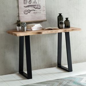 FB44537 Massiver Konsolentisch GAYA 120 x 45 cm Akazie Massiv Holz Baumkante mit Metallbeinen, Schmaler Design Schreibtisch Baumstamm, MassivholzTisch Konsole 4250950260450