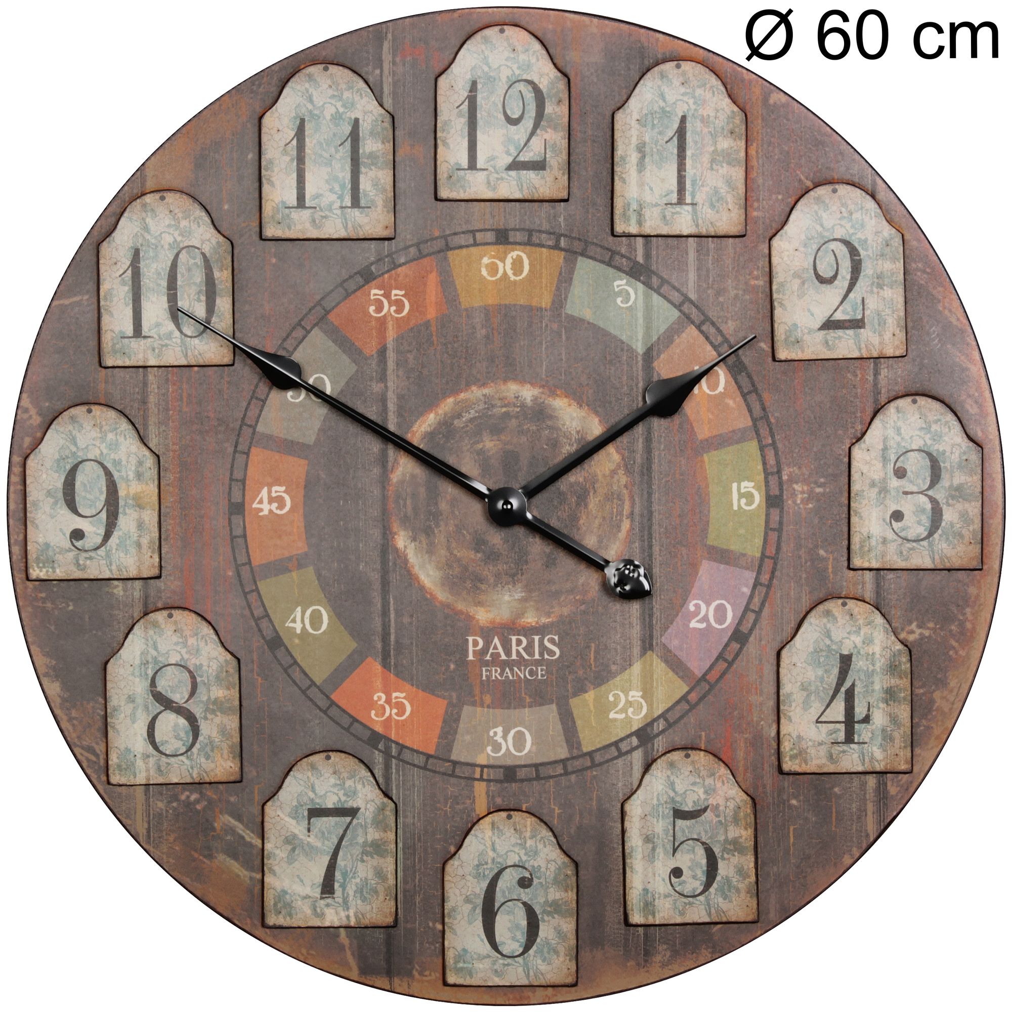 Vintage Wanduhr XXL 60 cm France Holz Uhr groß Dekouhr rund Retro