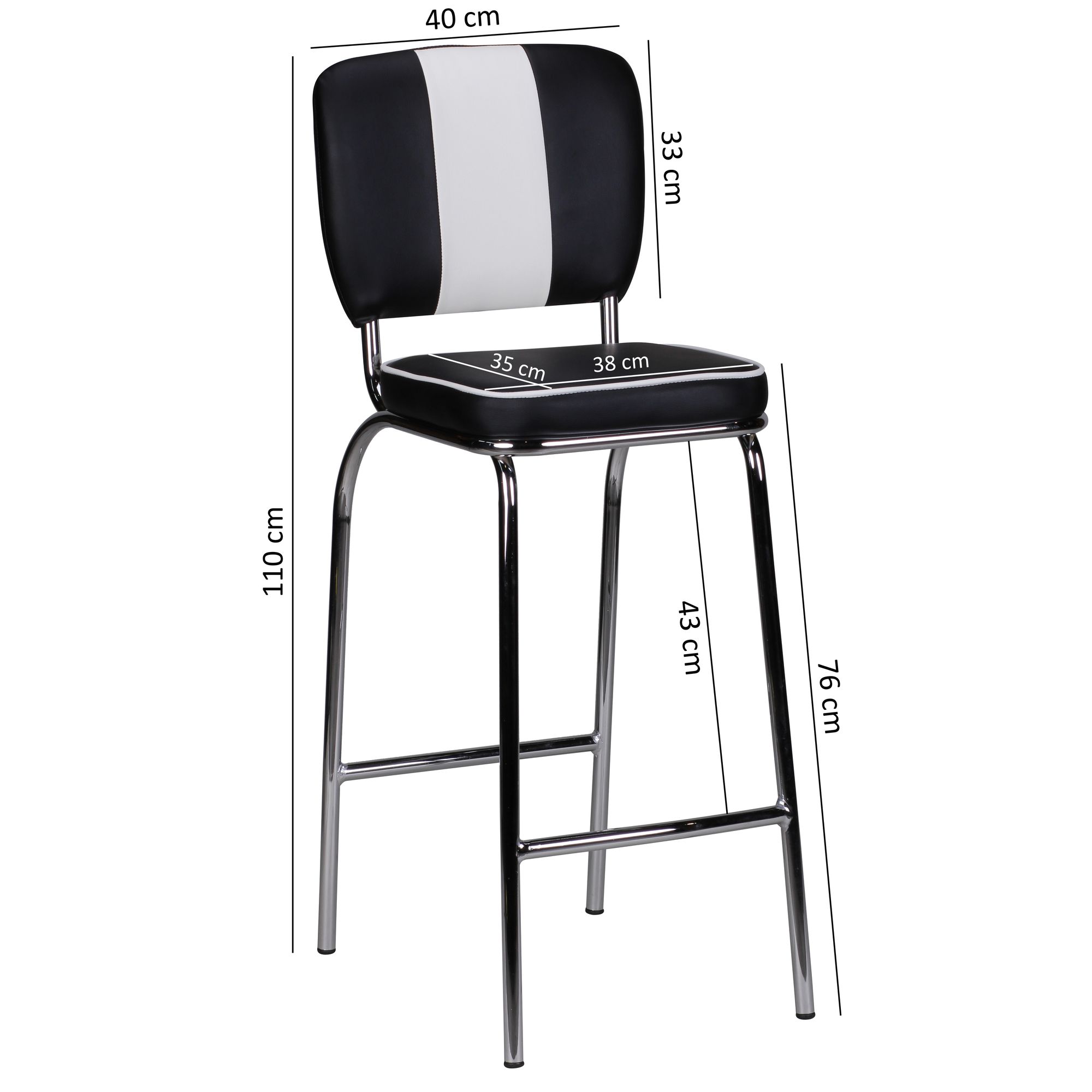 FineBuy 2er Set Barhocker American Diner 50er Jahre Retro Barstuhl, Sitzfläche mit Rücken-Lehne, Fußstütze, Sitzhöhe 76 cm | Farbe: Schwarz