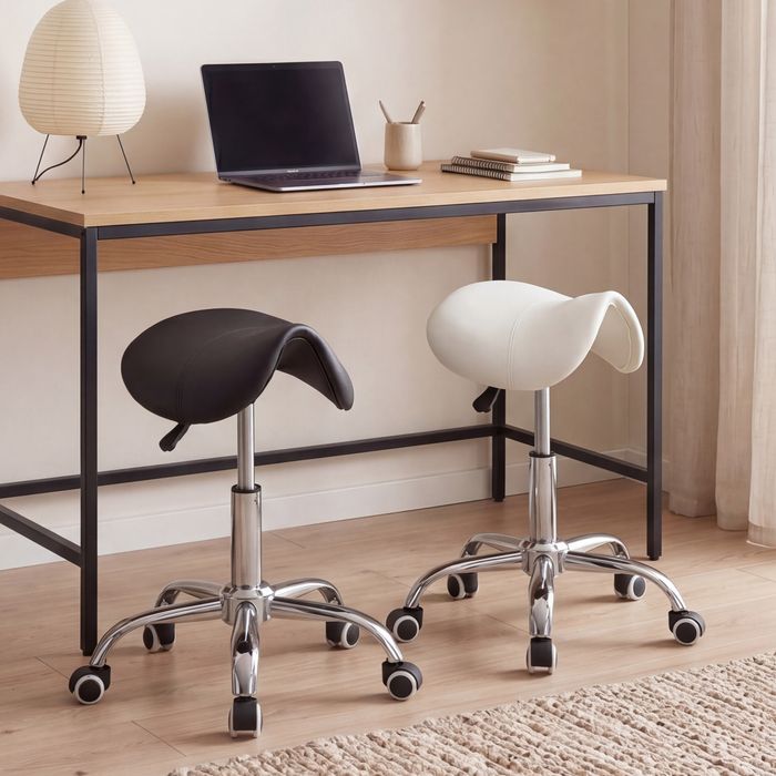 FineBuy MENTON - Sattel-Hocker, Arbeitshocker mit Kunstleder-Bezug, Sitzhocker ist höhenverstellbar, Design Drehhocker mit Rollen, Kosmetikhocker & Praxishocker mit Sattelsitz, Friseurhocker