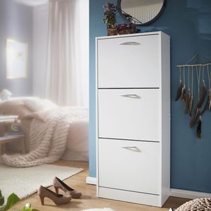 FineBuy Schuhkipper mit 3 Fächern für 18 Paar Schuhe, Moderner Schuhschrank in Weiß, Schuhkommode 50 x 24 x 125 cm 4250950264274