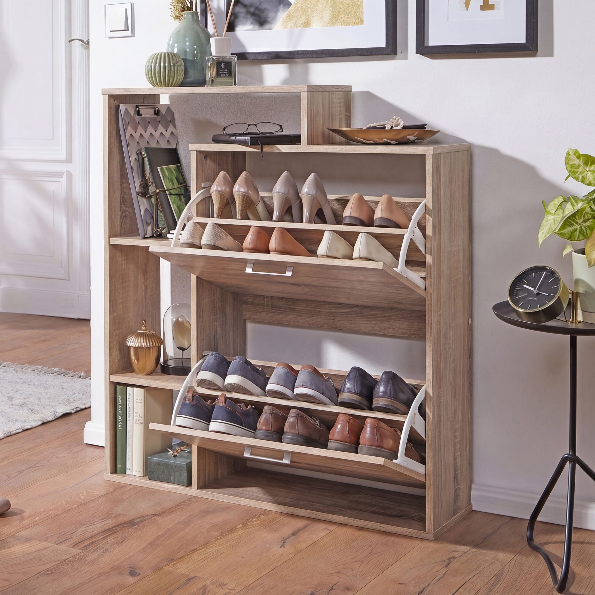 Schuhkipper Holz 2 Fächer Sonoma 12 Paar Schuhe Schuhschrank Schuhkommode – Ansicht 1