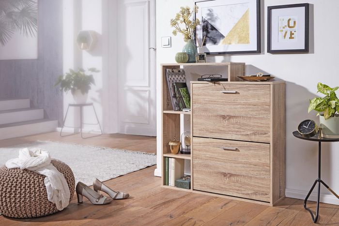 FineBuy Moderner Schuhkipper MASSA Holz 2 Fächer Sonoma Eiche 12 Paar Schuhe, Schuhschrank 85 x 24 x 93 cm, Schuhkommode Flur mit Ablage Regal 4250950264571
