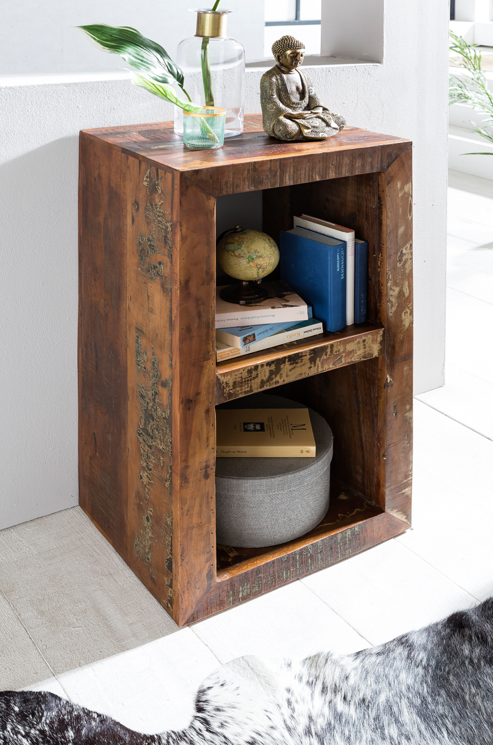 FineBuy Bücherregal KALKUTTA 45 x 35 x 90 cm, Massivholz Regal mit 2 Ebenen, Cube Beistelltisch Wohnzimmer, Standregal Shabby-Chic | Farbe: Braun