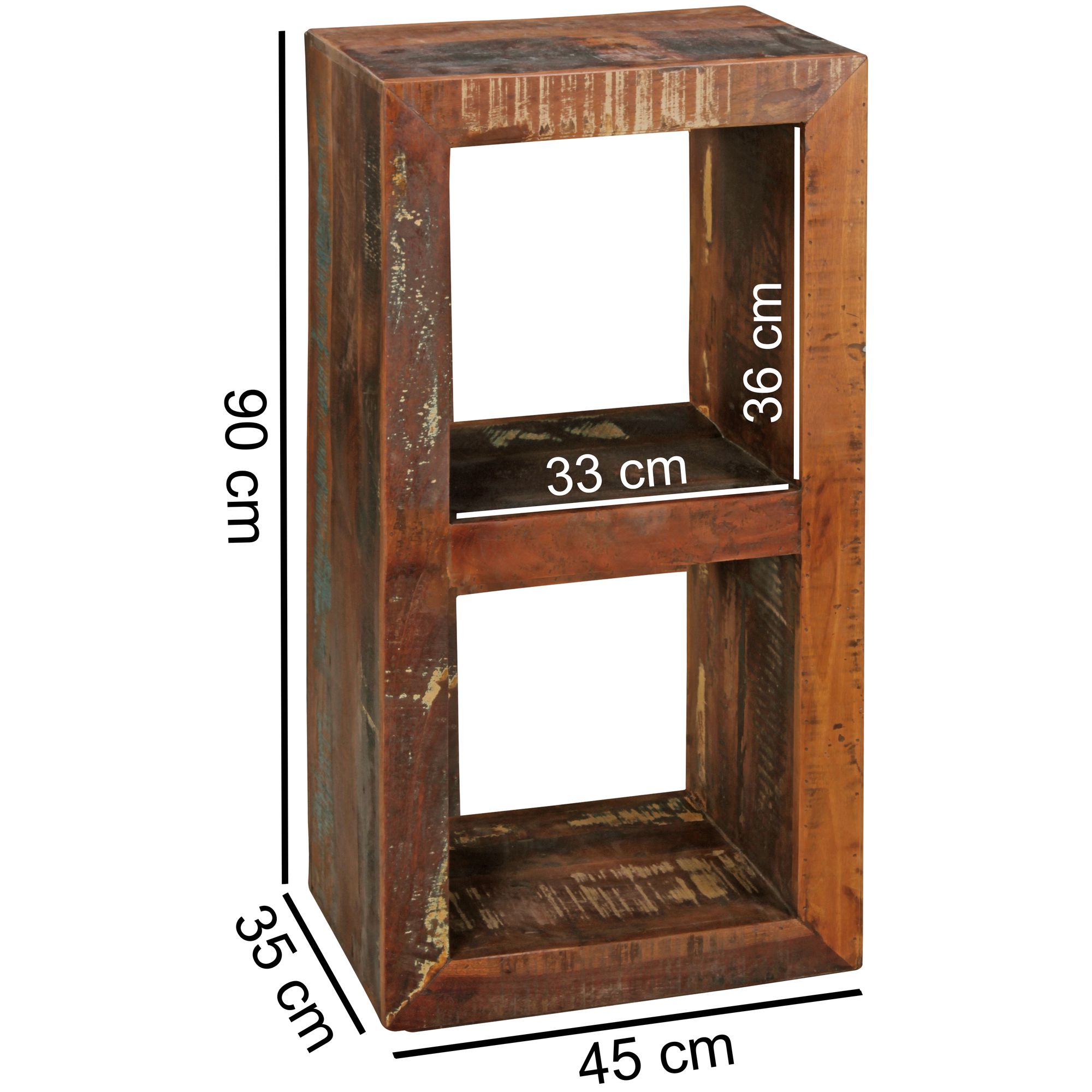 FineBuy Bücherregal KALKUTTA 45 x 35 x 90 cm, Massivholz Regal mit 2 Ebenen, Cube Beistelltisch Wohnzimmer, Standregal Shabby-Chic | Farbe: Braun