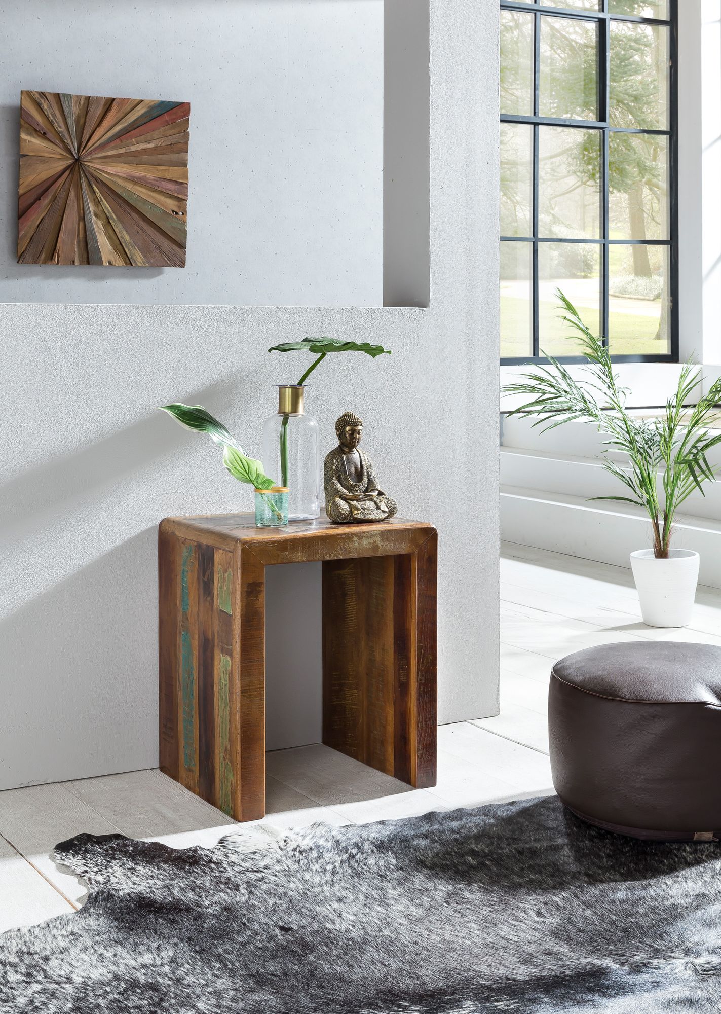 FineBuy Beistelltisch KALKUTTA 45 x 40 x 55 cm, Massivholz Couchtisch Wohnzimmer Tisch , Nachttisch Schlafzimmer Nachtkonsole Shabby-Chic, Nachtkästchen Massiv | Farbe: Bunt