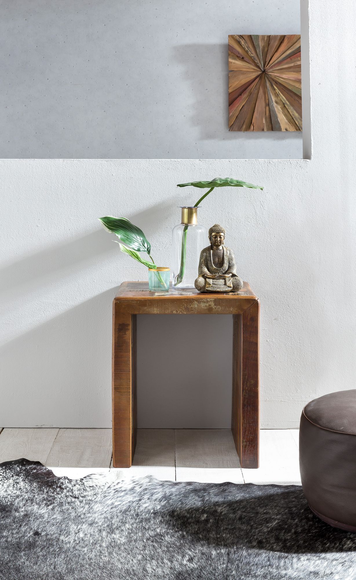 FineBuy Beistelltisch KALKUTTA 45 x 40 x 55 cm, Massivholz Couchtisch Wohnzimmer Tisch , Nachttisch Schlafzimmer Nachtkonsole Shabby-Chic, Nachtkästchen Massiv | Farbe: Bunt