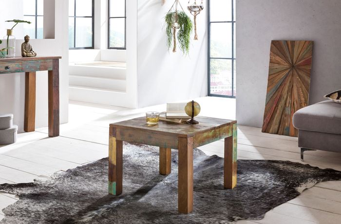 FineBuy Couchtisch KALKUTTA 60 x 47 x 60 cm, Massivholz Beistelltisch Shabby-Chic, Wohnzimmer Tisch aus Bootsholz, Sofatisch quadratisch 4250950264991