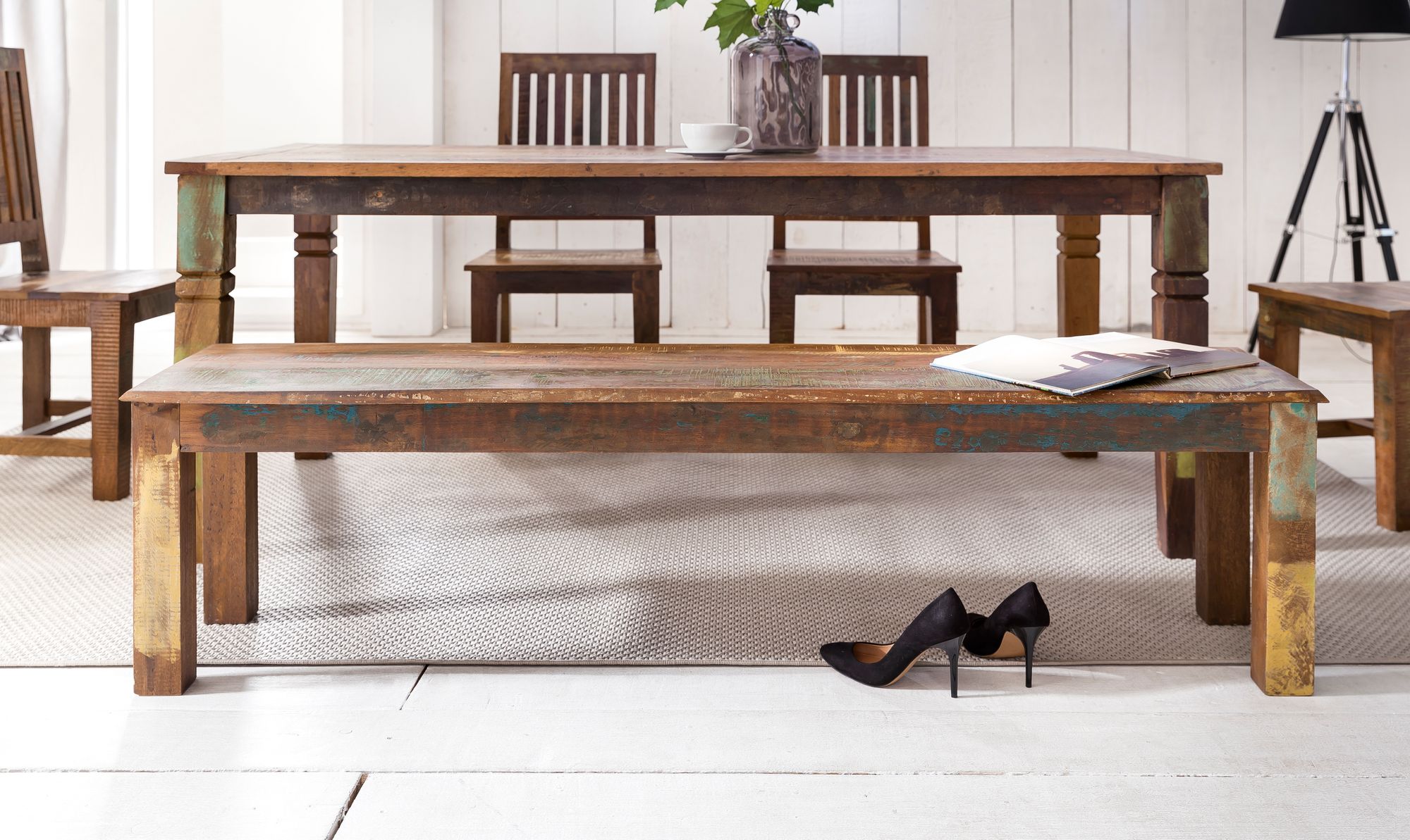 FineBuy Esszimmertisch KALKUTTA 120 x 70 x 76 cm, Massivholz Esstisch für 4-6 Personen, Küchentisch Bootsholz Shabby Chic, Tisch Esszimmer rechteckig | Farbe: Braun