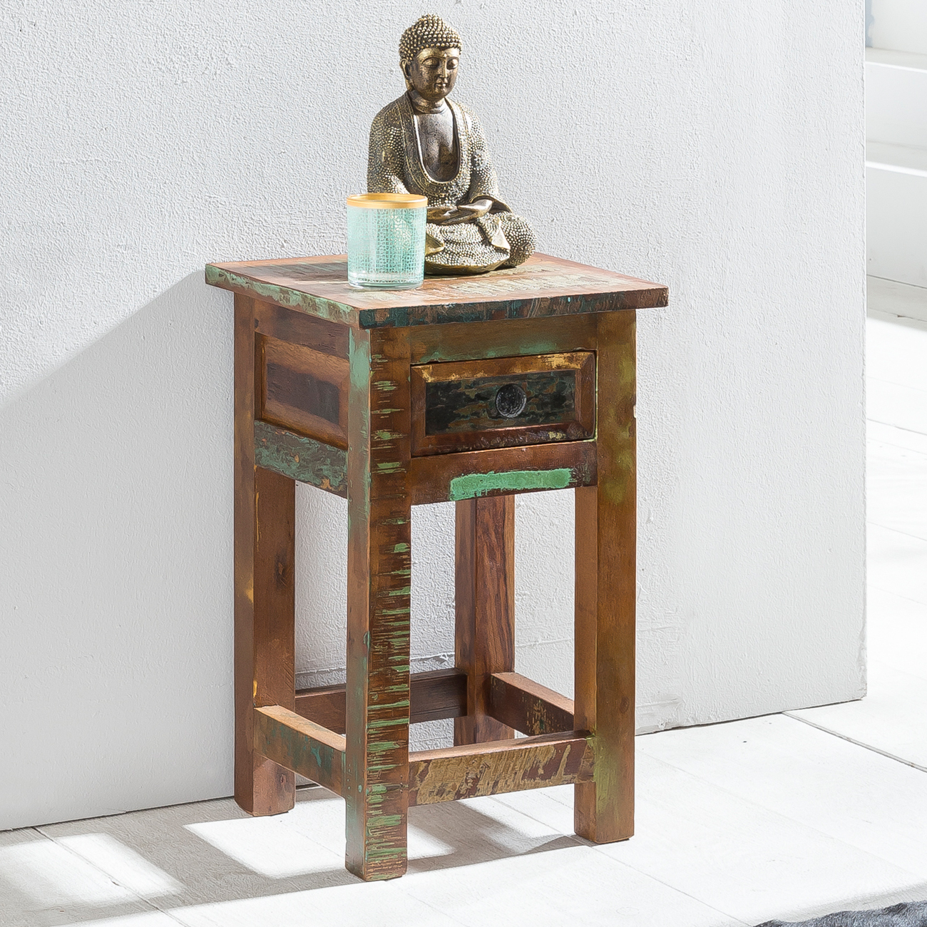 FineBuy Beistelltisch KALKUTTA 30 x 30 x 50 cm, Massivholz Nachtkonsole mit Schublade, Nachttisch Schlafzimmer aus Massiv Holz, Nachtkonsole - Anstelltisch Shabby-Chic | Farbe: Bunt
