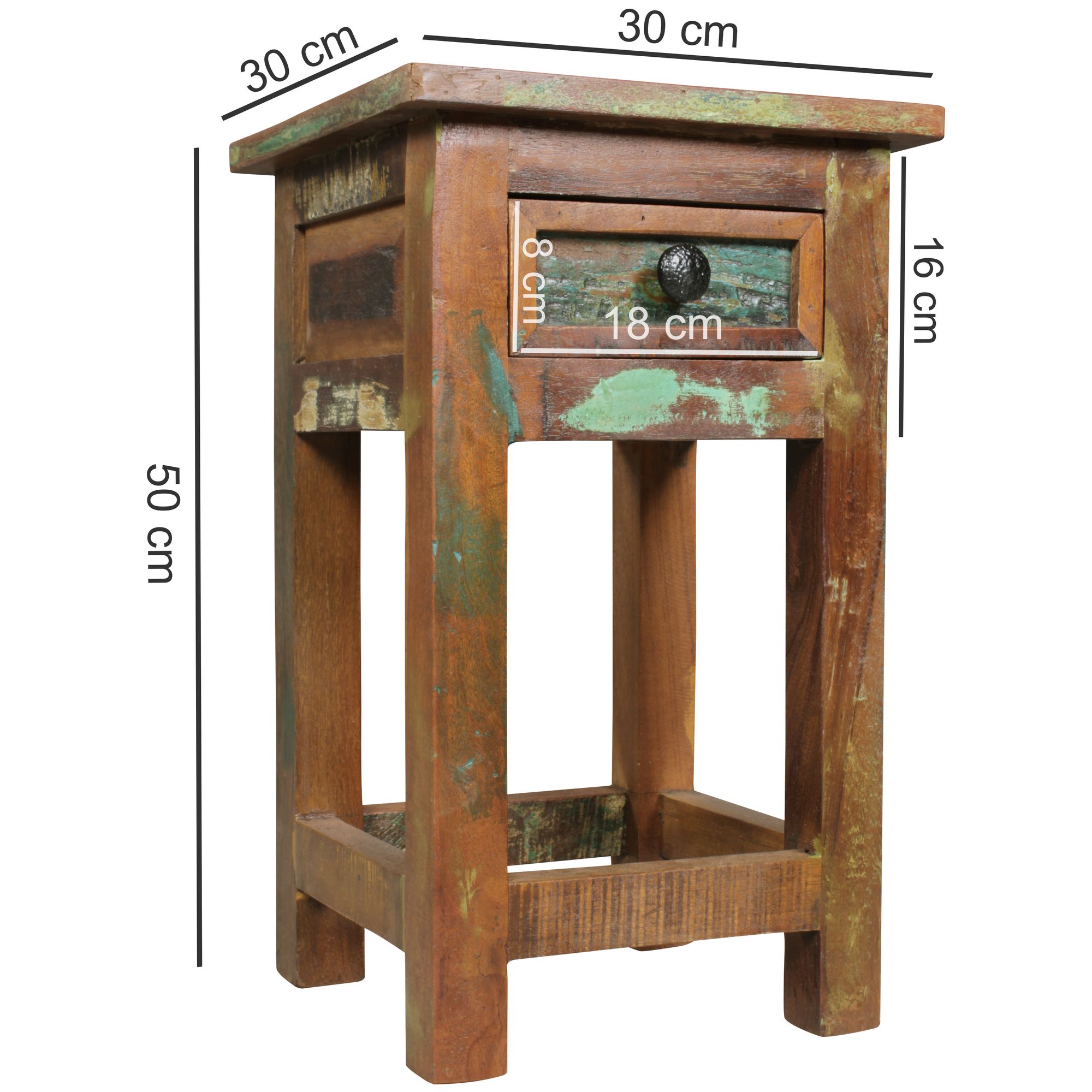 FineBuy Beistelltisch KALKUTTA 30 x 30 x 50 cm, Massivholz Nachtkonsole mit Schublade, Nachttisch Schlafzimmer aus Massiv Holz, Nachtkonsole - Anstelltisch Shabby-Chic | Farbe: Bunt