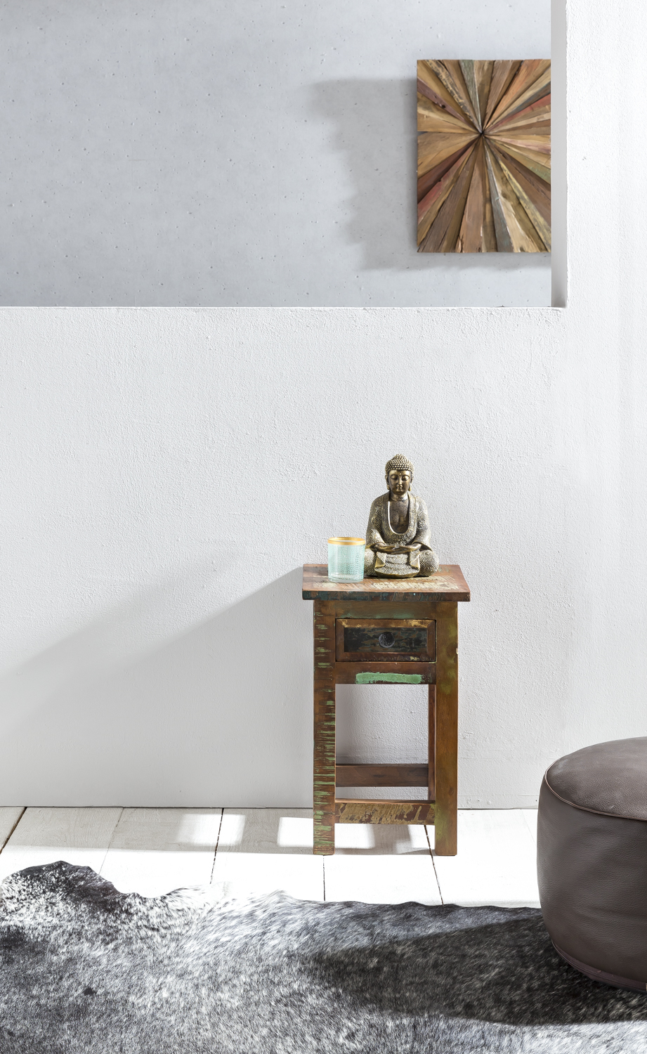 FineBuy Beistelltisch KALKUTTA 30 x 30 x 50 cm, Massivholz Nachtkonsole mit Schublade, Nachttisch Schlafzimmer aus Massiv Holz, Nachtkonsole - Anstelltisch Shabby-Chic | Farbe: Bunt