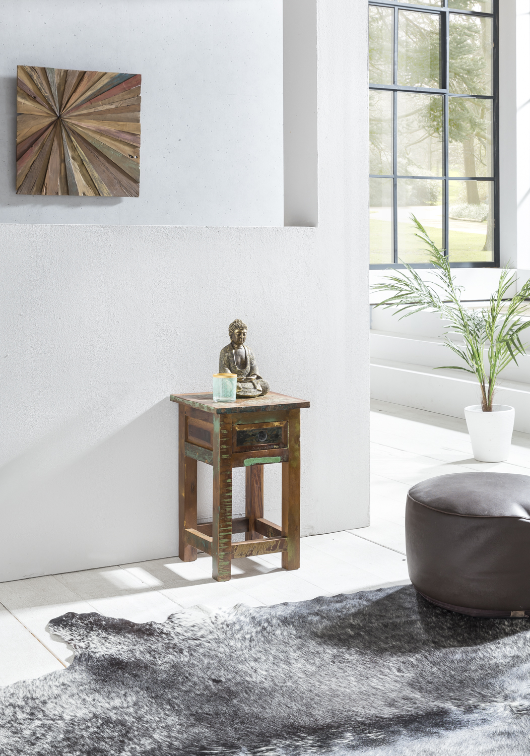 FineBuy Beistelltisch KALKUTTA 30 x 30 x 50 cm, Massivholz Nachtkonsole mit Schublade, Nachttisch Schlafzimmer aus Massiv Holz, Nachtkonsole - Anstelltisch Shabby-Chic | Farbe: Bunt