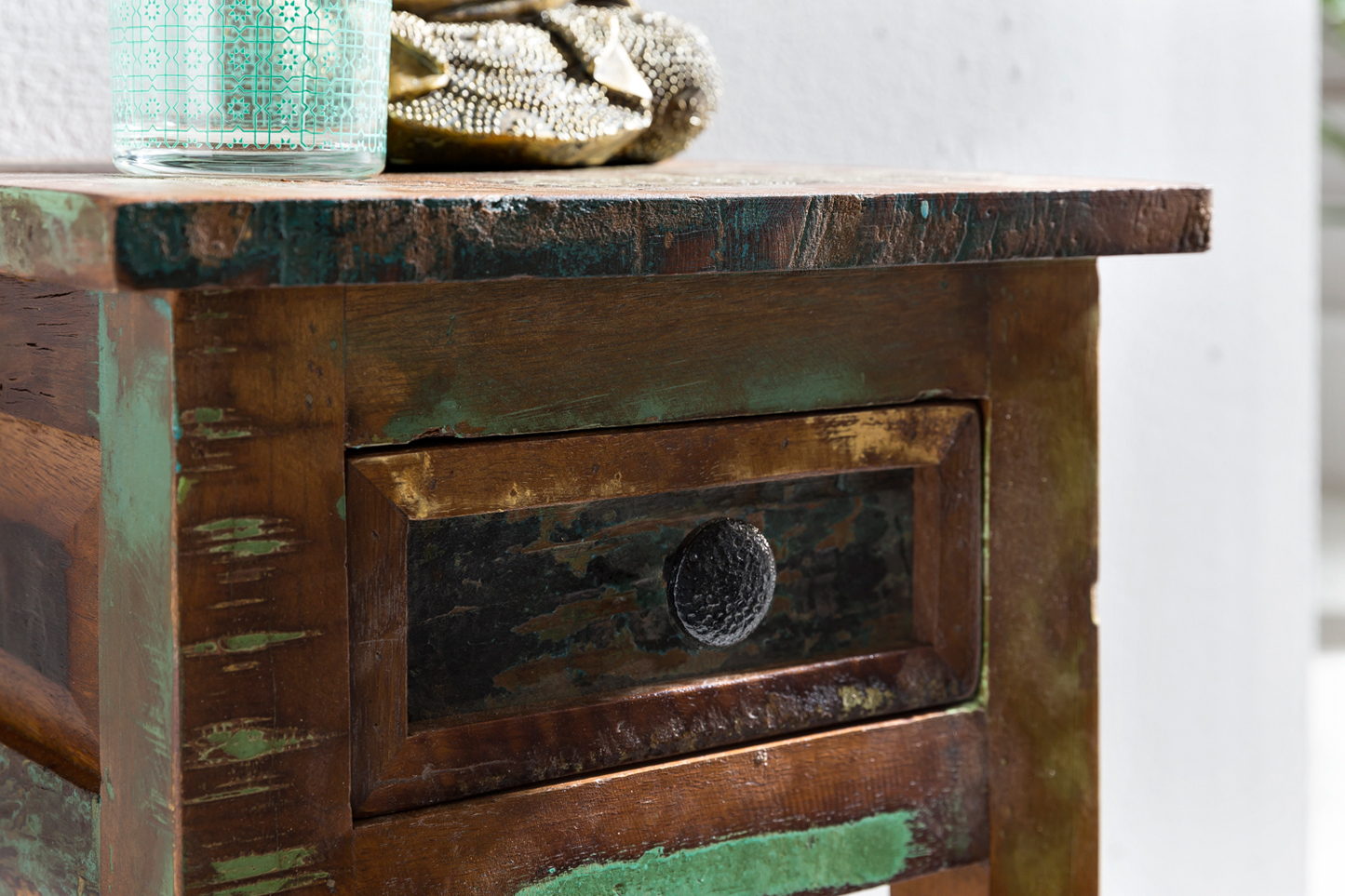 FineBuy Beistelltisch KALKUTTA 30 x 30 x 50 cm, Massivholz Nachtkonsole mit Schublade, Nachttisch Schlafzimmer aus Massiv Holz, Nachtkonsole - Anstelltisch Shabby-Chic | Farbe: Bunt