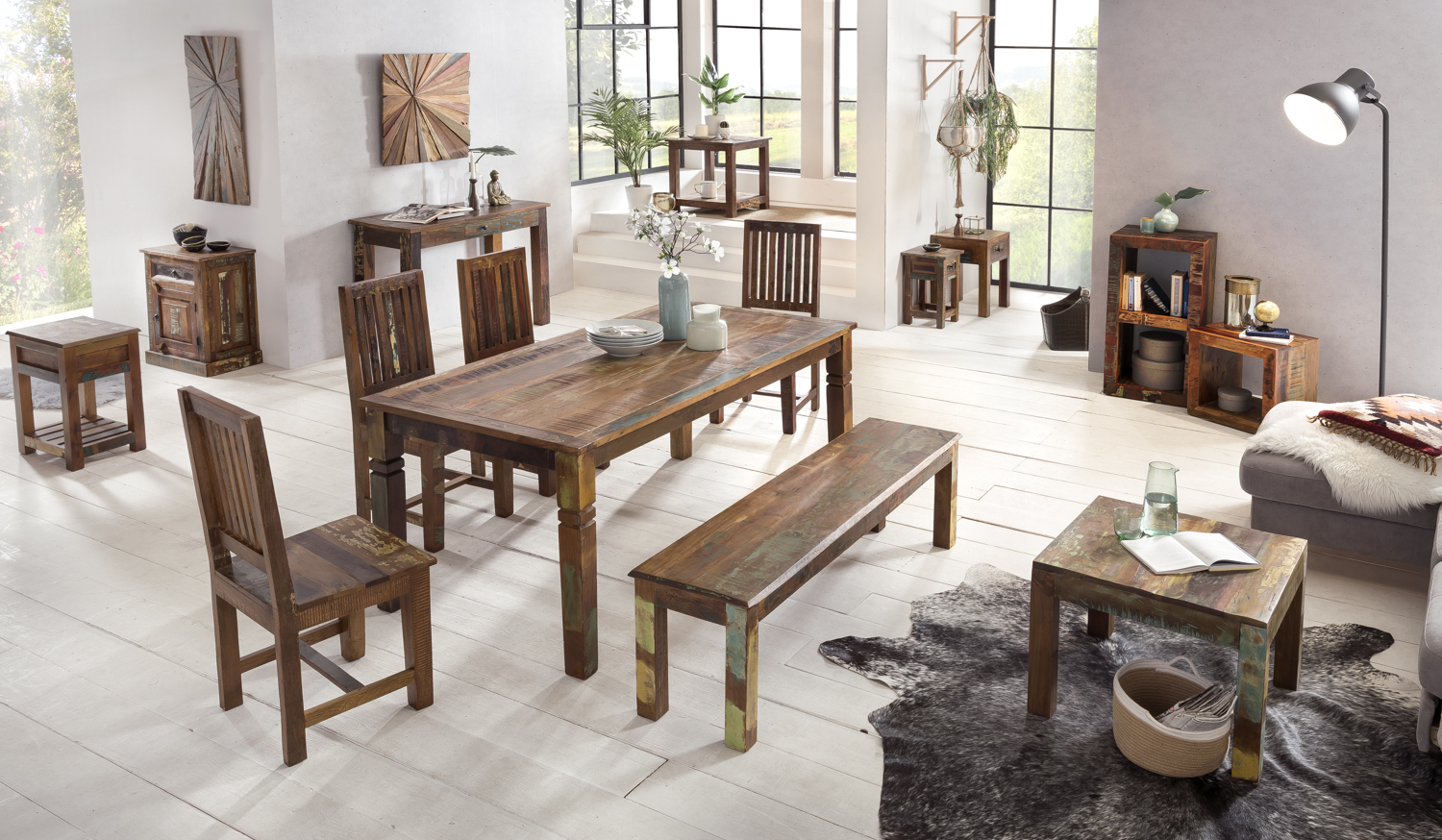 FineBuy Beistelltisch KALKUTTA 30 x 30 x 50 cm, Massivholz Nachtkonsole mit Schublade, Nachttisch Schlafzimmer aus Massiv Holz, Nachtkonsole - Anstelltisch Shabby-Chic | Farbe: Bunt