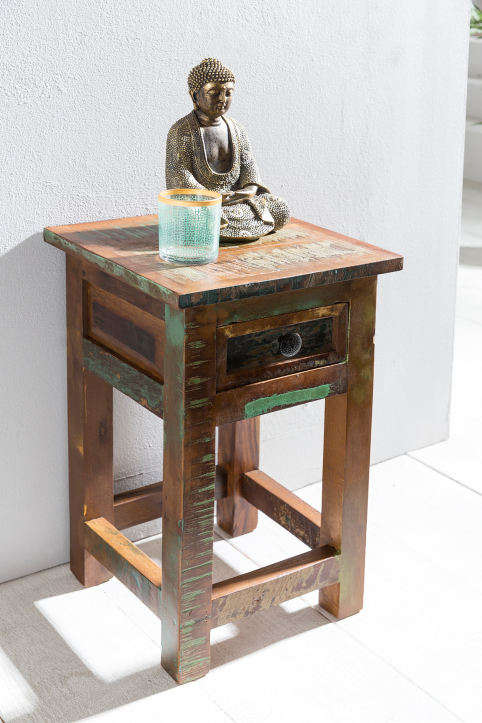 FineBuy Beistelltisch KALKUTTA 30 x 30 x 50 cm, Massivholz Nachtkonsole mit Schublade, Nachttisch Schlafzimmer aus Massiv Holz, Nachtkonsole - Anstelltisch Shabby-Chic | Farbe: Bunt