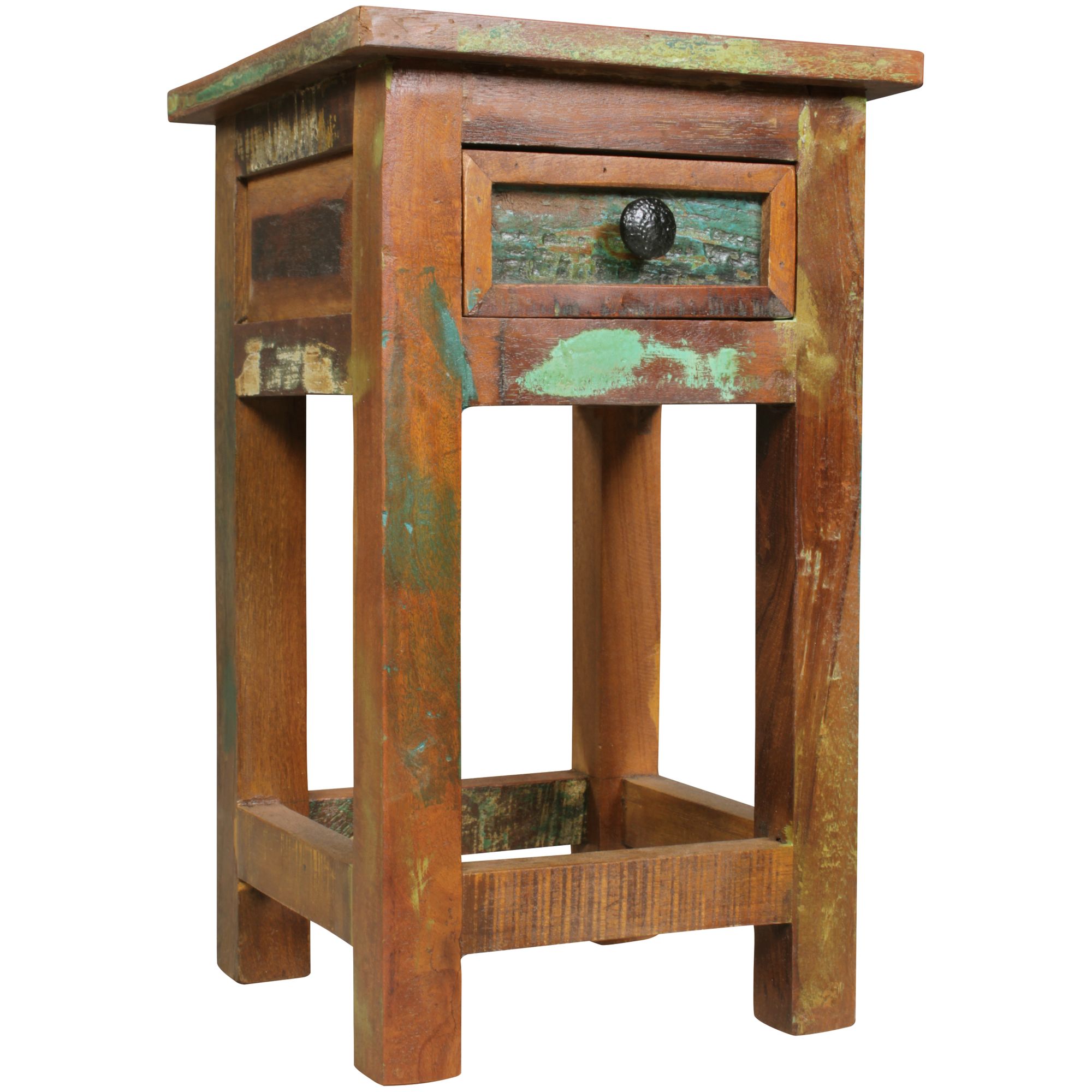 FineBuy Beistelltisch KALKUTTA 30 x 30 x 50 cm, Massivholz Nachtkonsole mit Schublade, Nachttisch Schlafzimmer aus Massiv Holz, Nachtkonsole - Anstelltisch Shabby-Chic | Farbe: Bunt