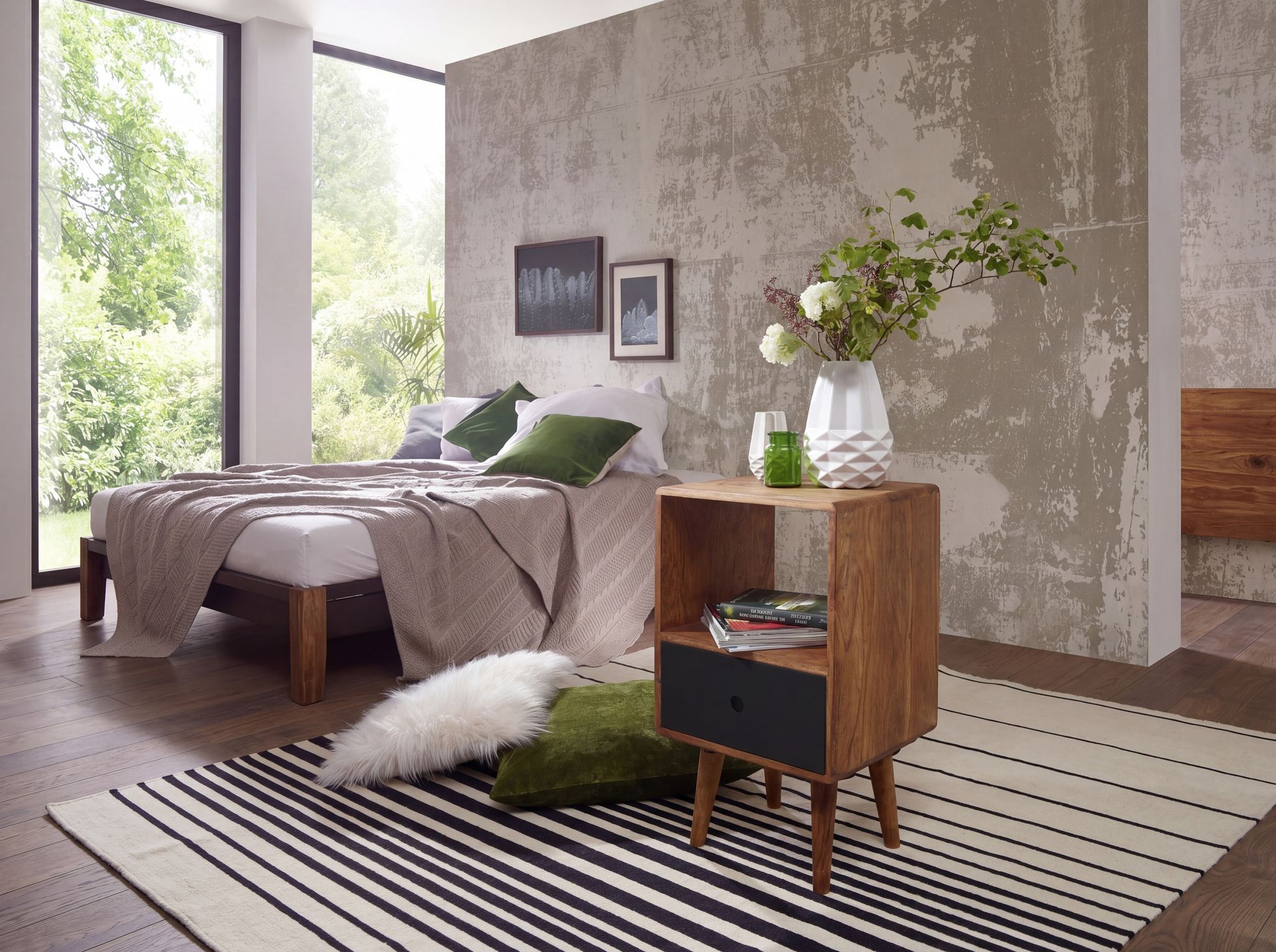 Retro Nachtkonsole + Schub Nachtschrank Holz Nachtkästchen Nachttisch Boxspring – Ansicht 2