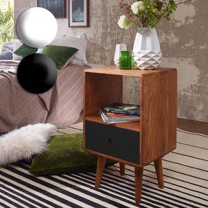 FineBuy Retro Nachtkonsole REPA Sheesham Holz Nachttisch mit Schublade 40 x 35 x 70 cm, Design Nachtkästchen Massiv für Boxspring, Großes Nachtschränkchen dunkelbraun Nako 11170