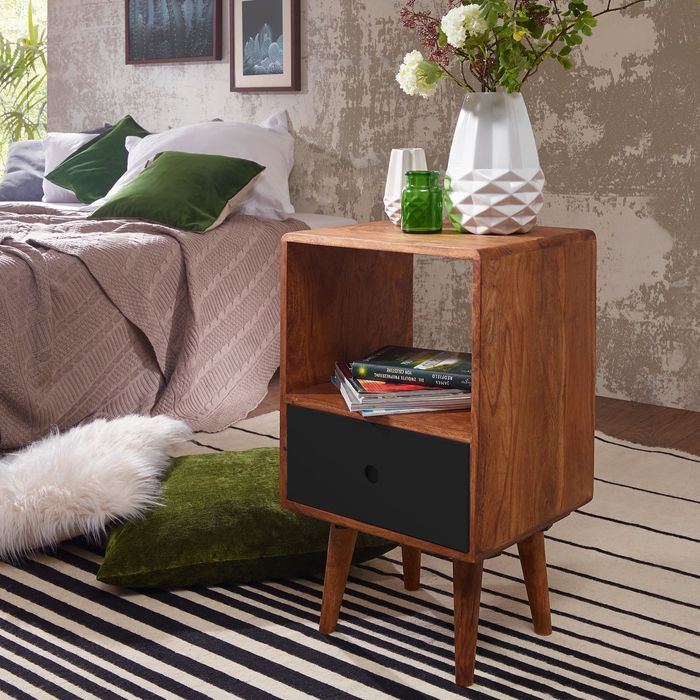 Retro Nachtkonsole + Schub Nachtschrank Holz Nachtkästchen Nachttisch Boxspring