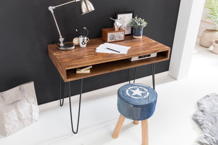Massiver Schreibtisch HARLEM Sheesham Massiv Holz 110 x 60 x 76 cm mit Ablage, Computertisch Massivholz mit Metall Beinen, Design Holz PC Tisch 4250950267145