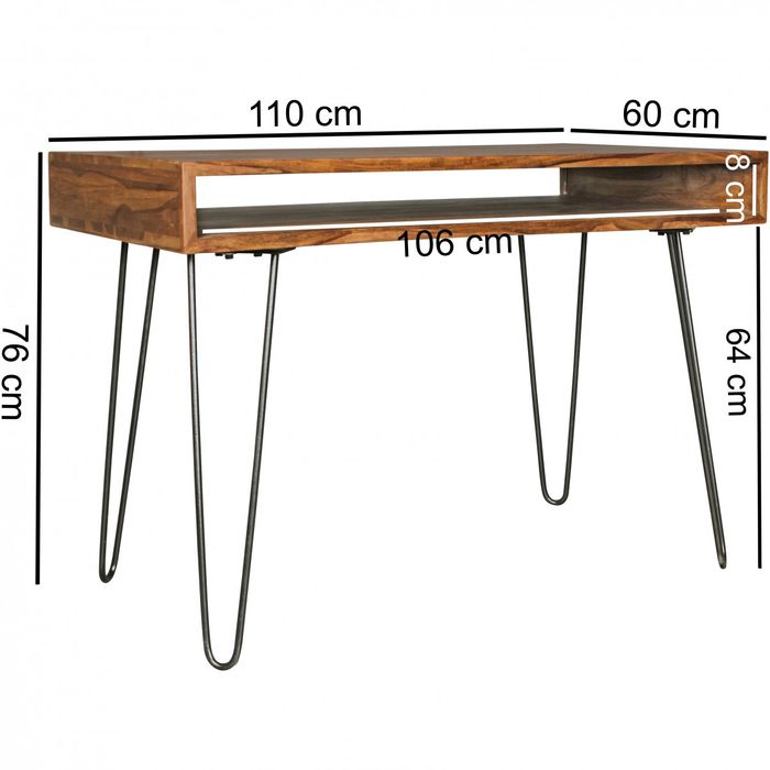 FineBuy Schreibtisch 110x60 cm Bürotisch Laptoptisch Massiv Holztisch Sheesham – Maßzeichnung