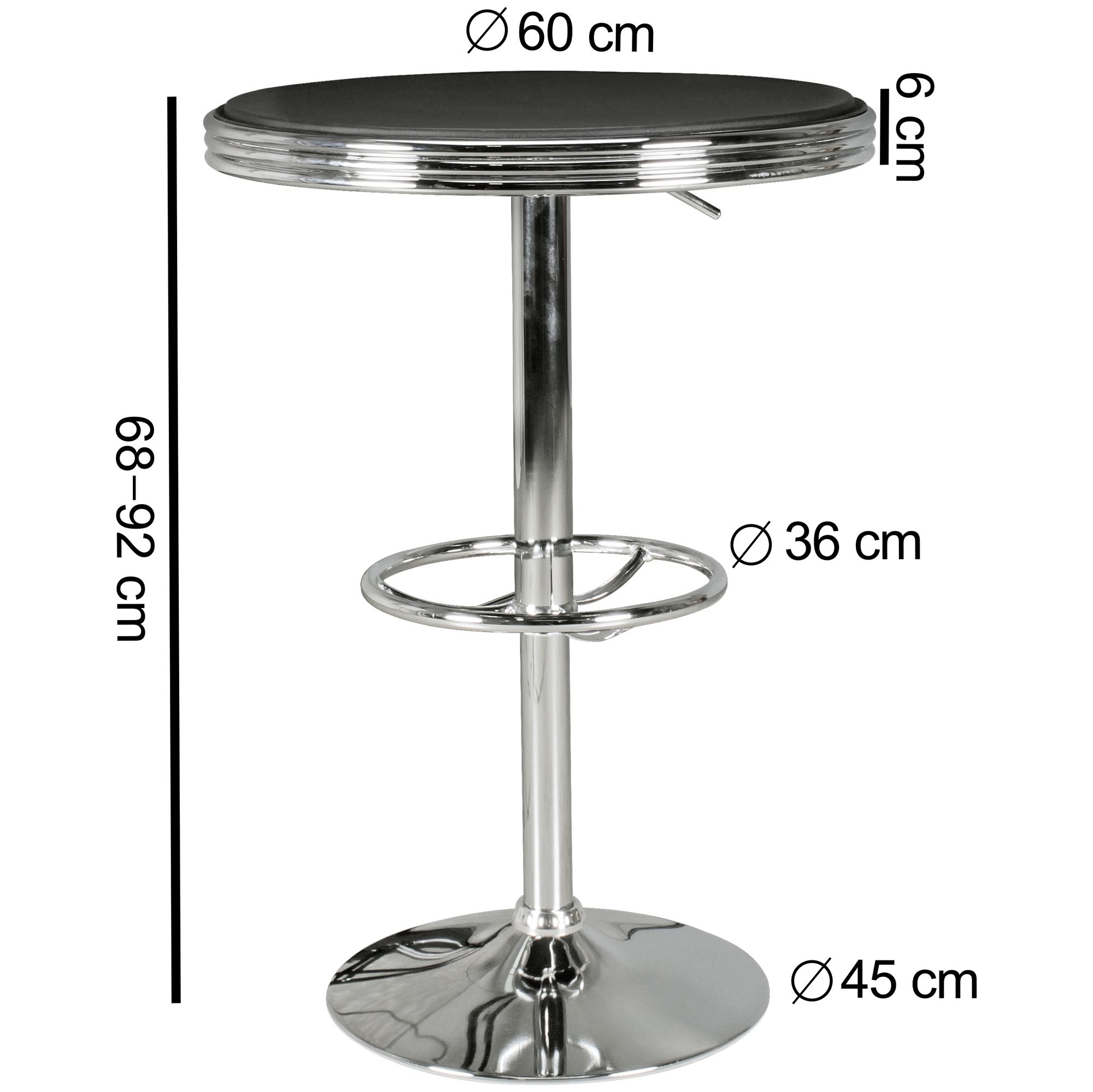 FineBuy American Diner Bartisch rund Ø 60 cm Aluminium Kunstlederbezug, Retro Stehtisch USA Schwarz/Silber, Robuster Bistrotisch 50er Jahre, Partytisch mit Untergestell aus verchromtem Alu | Farbe: Schwarz