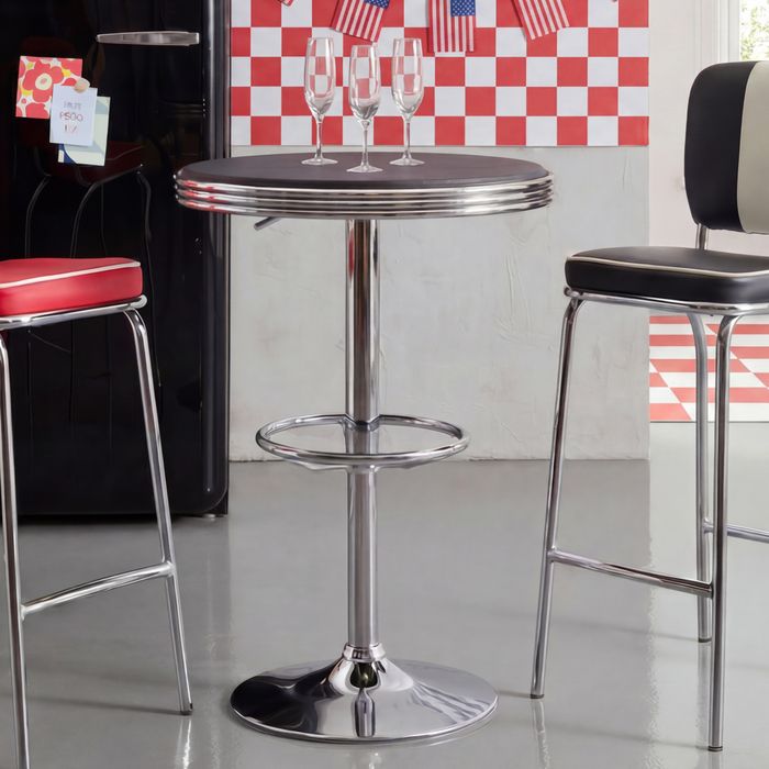 FB45665 FineBuy American Diner Bartisch rund Ø 60 cm Aluminium Kunstlederbezug, Retro Stehtisch USA Schwarz/Silber, Robuster Bistrotisch 50er Jahre, Partytisch mit Untergestell aus verchromtem Alu