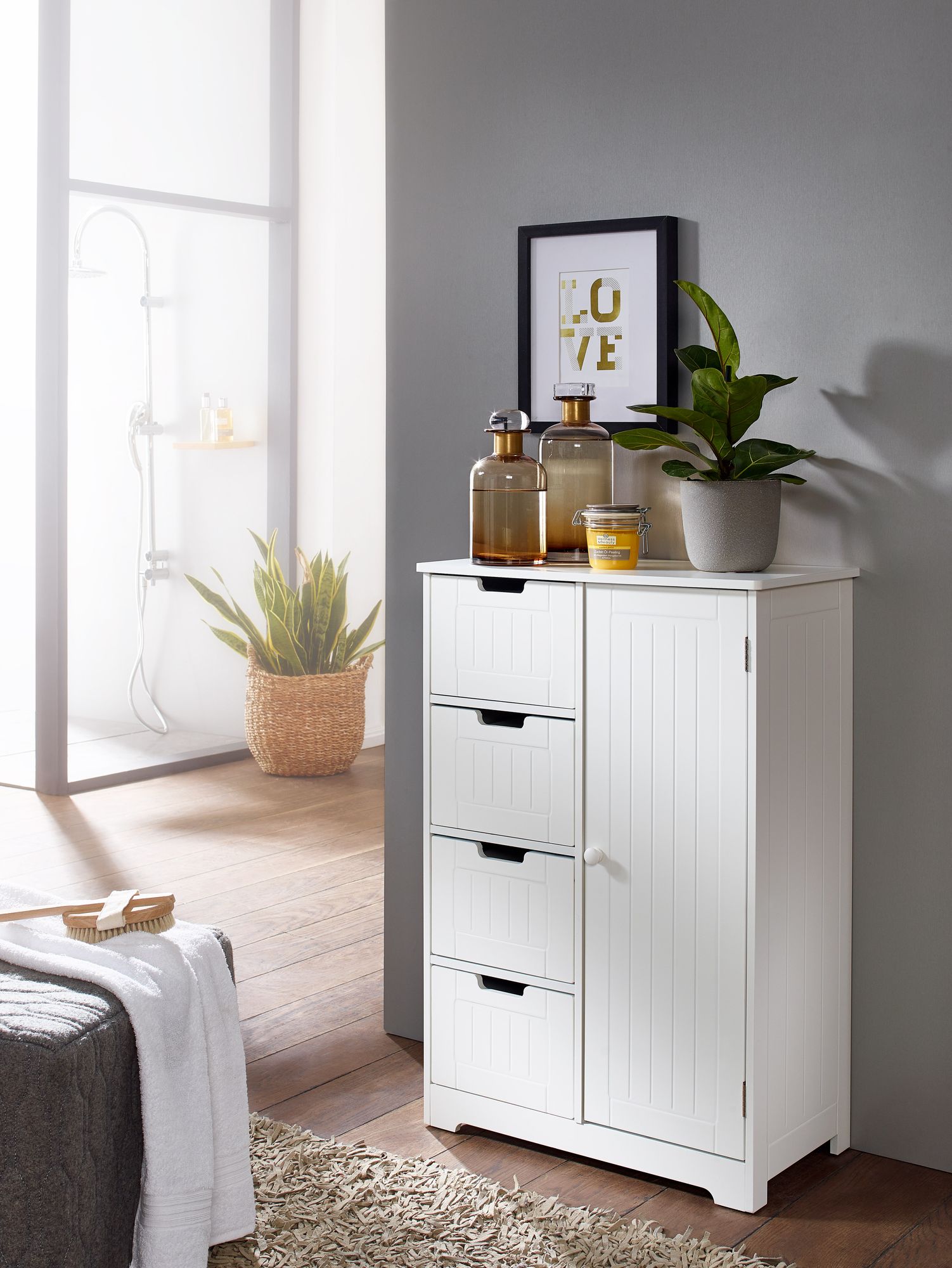 FineBuy Design Badschrank PATTI Landhaus-Stil MDF-Holz 56 x 83 x 30 cm weiß, Badezimmerschrank klein 4 Schubladen & 1 Tür, Beistellschrank Mehrzweckschrank | Farbe: Weiß