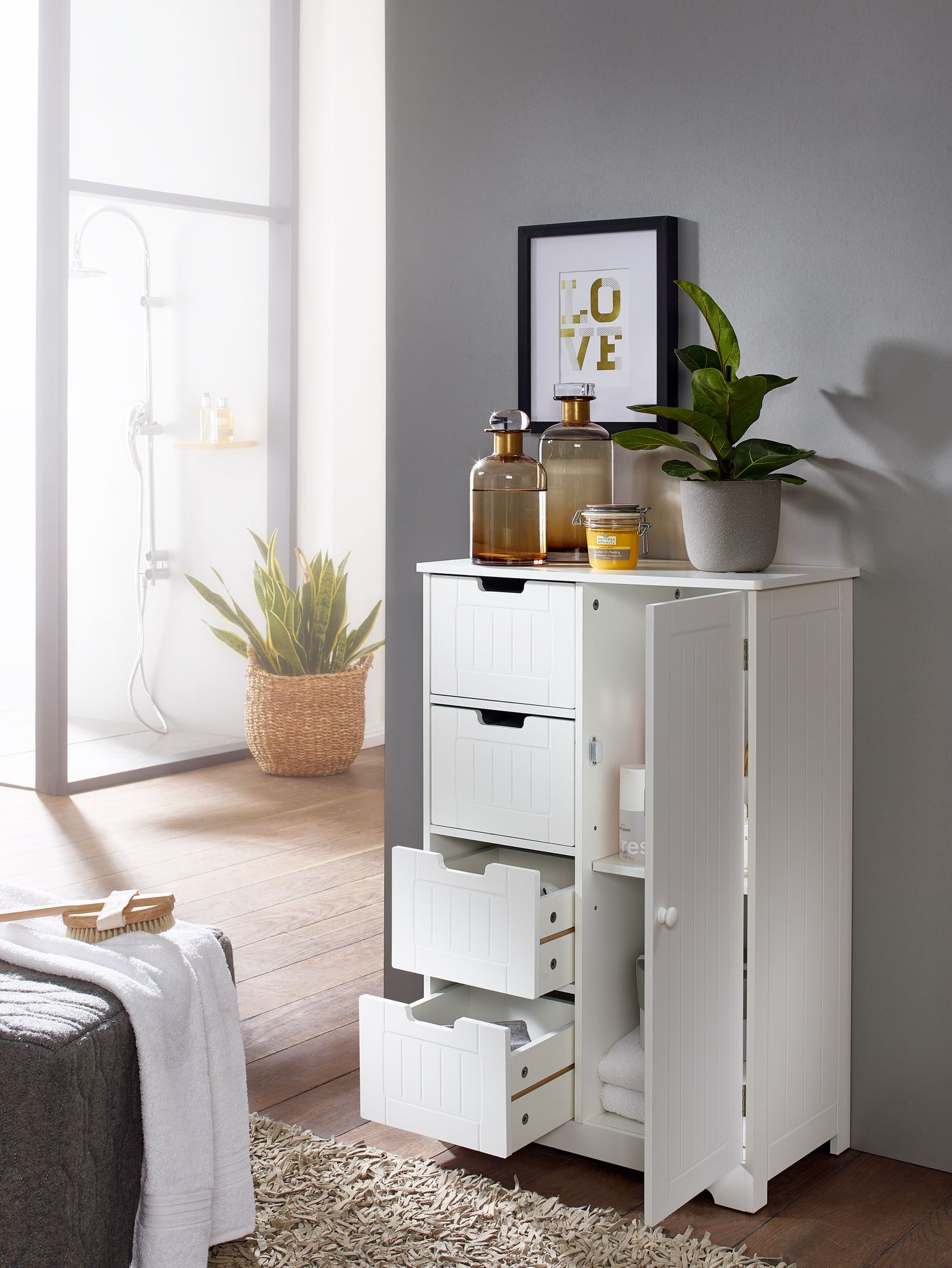 FineBuy Design Badschrank PATTI Landhaus-Stil MDF-Holz 56 x 83 x 30 cm weiß, Badezimmerschrank klein 4 Schubladen & 1 Tür, Beistellschrank Mehrzweckschrank | Farbe: Weiß