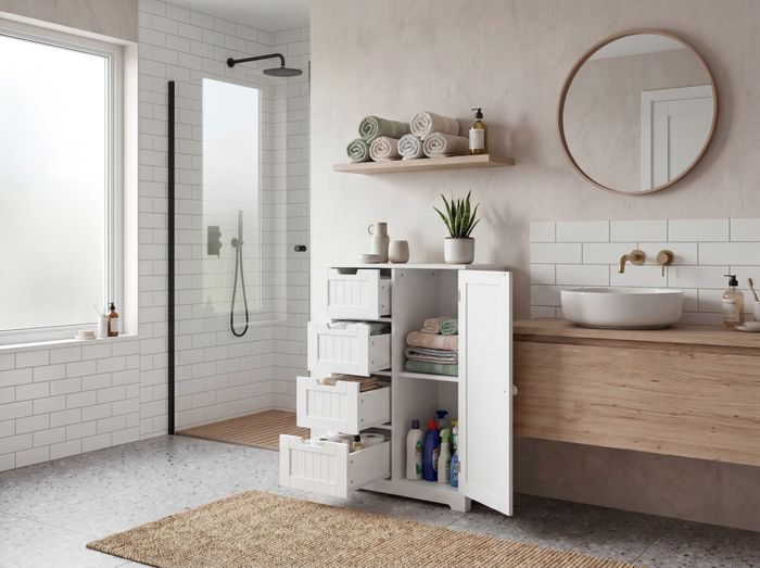 FineBuy Design Badschrank Landhaus-Stil MDF-Holz 56 x 83 x 30 cm weiß, Badezimmerschrank klein 4 Schubladen & 1 Tür, Beistellschrank Mehrzweckschrank