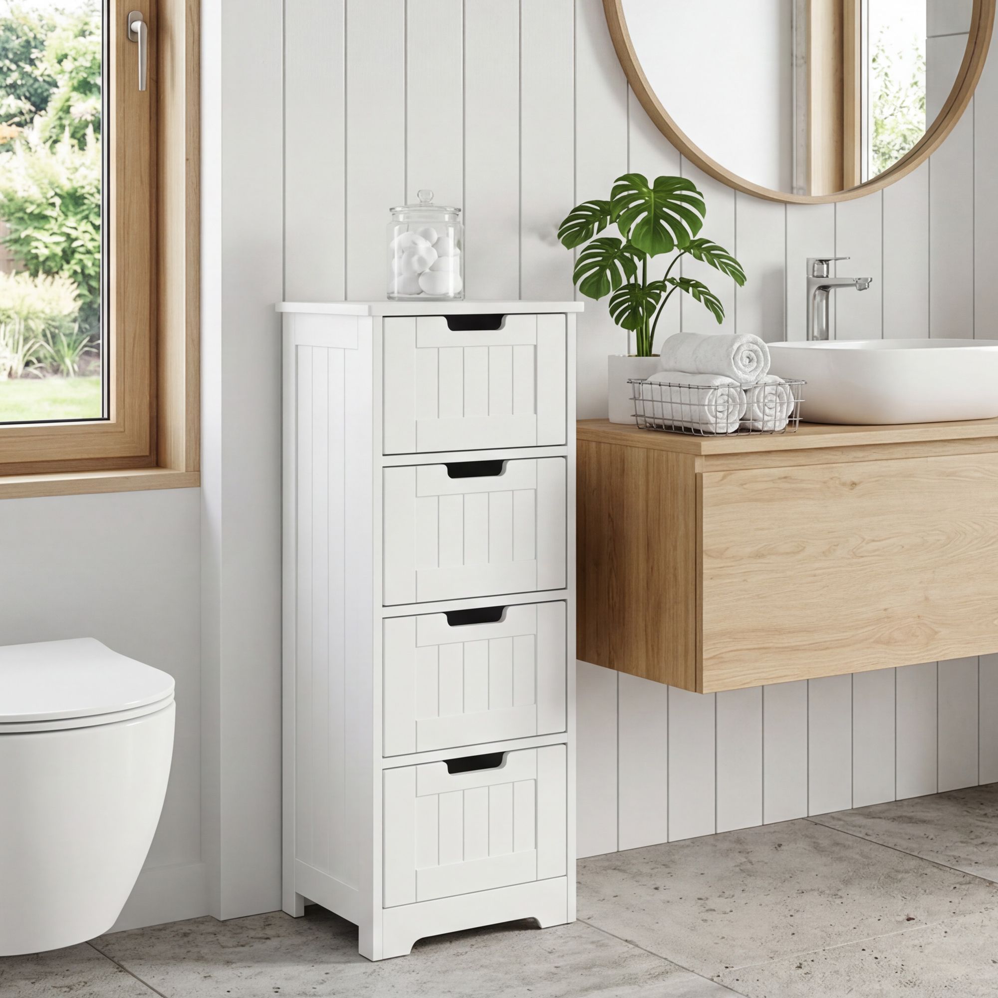 Badschrank Landhaus Badezimmerschrank Holz weiß Schubladen Beistellschrank klein – Ansicht 1