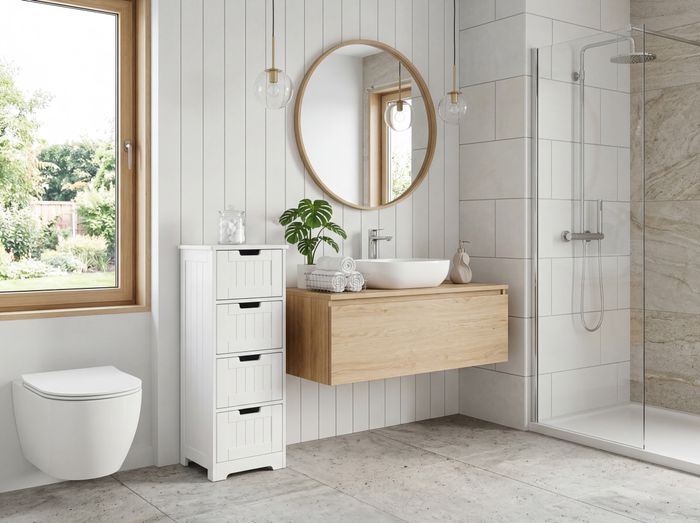 FineBuy Design Badschrank Landhaus-Stil MDF-Holz 30 x 83 x 30 cm weiß, Badezimmerschrank klein 4 Schubladen, Beistellschrank Mehrzweckschrank