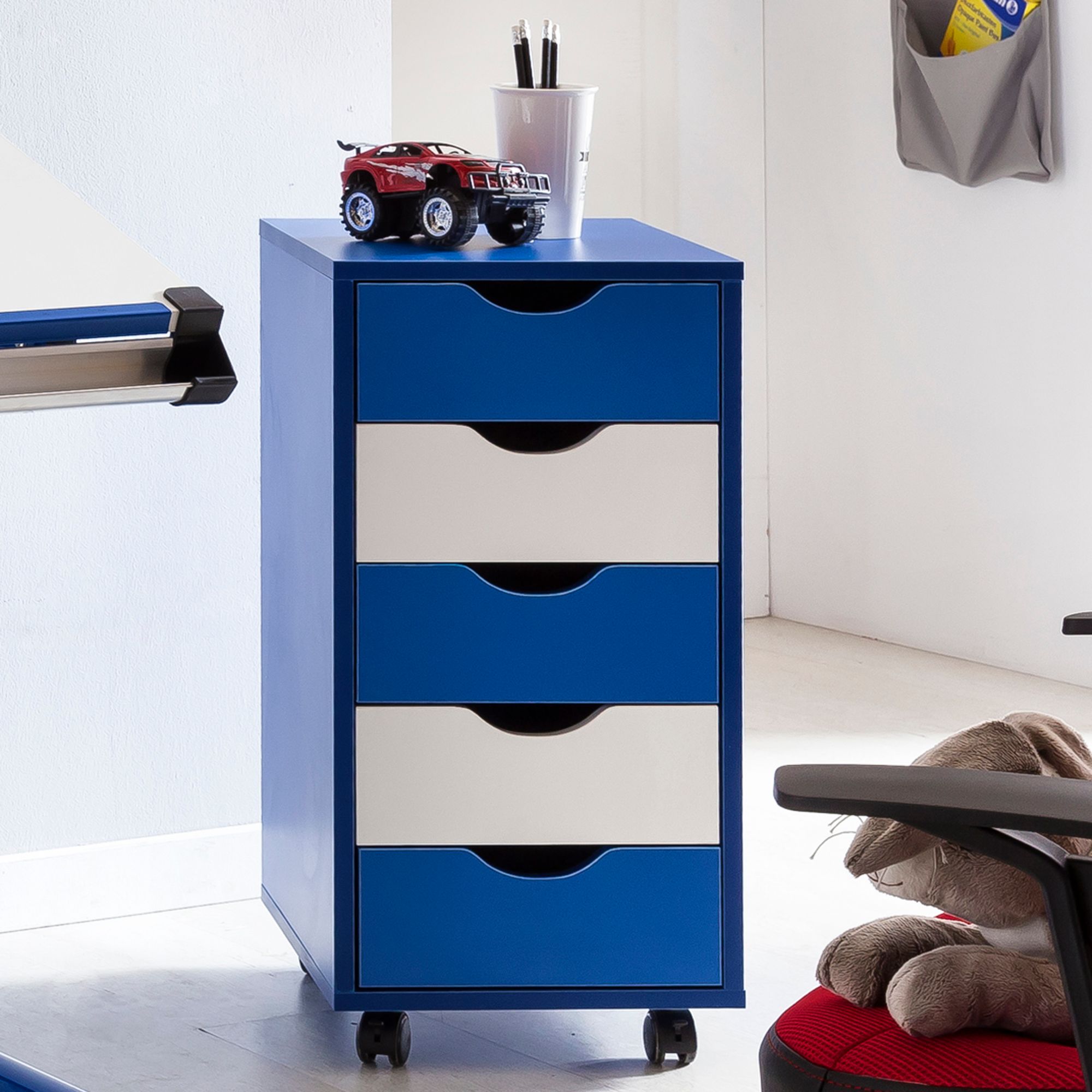 FineBuy Kinder Rollcontainer 33 x 64 x 38 cm Holz 5 Schubladen, Moderner Schubladencontainer mit Rollen, Standcontainer Bürocontainer, Rollwagen Kinderzimmer, Container Aufbewahrungsschrank | Farbe: Braun