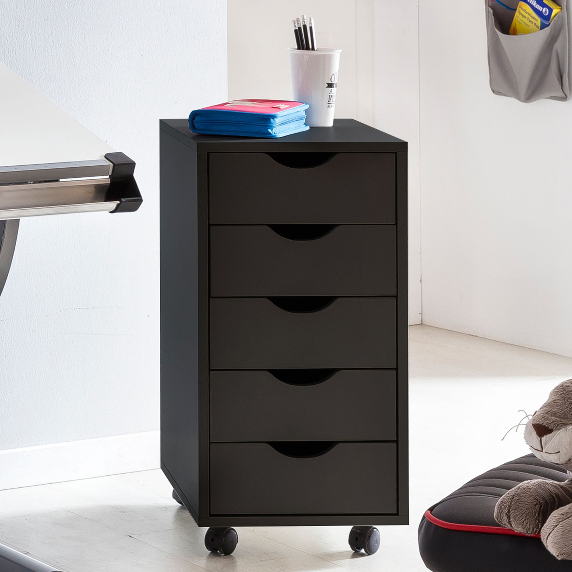 FineBuy Kinder Rollcontainer 33 x 64 x 38 cm Holz 5 Schubladen, Moderner Schubladencontainer mit Rollen, Standcontainer Bürocontainer, Rollwagen Kinderzimmer, Container Aufbewahrungsschrank | Farbe: Braun