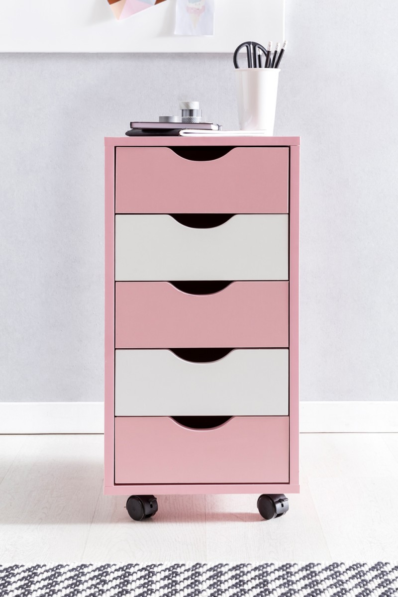 FineBuy Kinder Rollcontainer 33 x 64 x 38 cm Holz 5 Schubladen, Moderner Schubladencontainer mit Rollen, Standcontainer Bürocontainer, Rollwagen Kinderzimmer, Container Aufbewahrungsschrank | Farbe: Braun