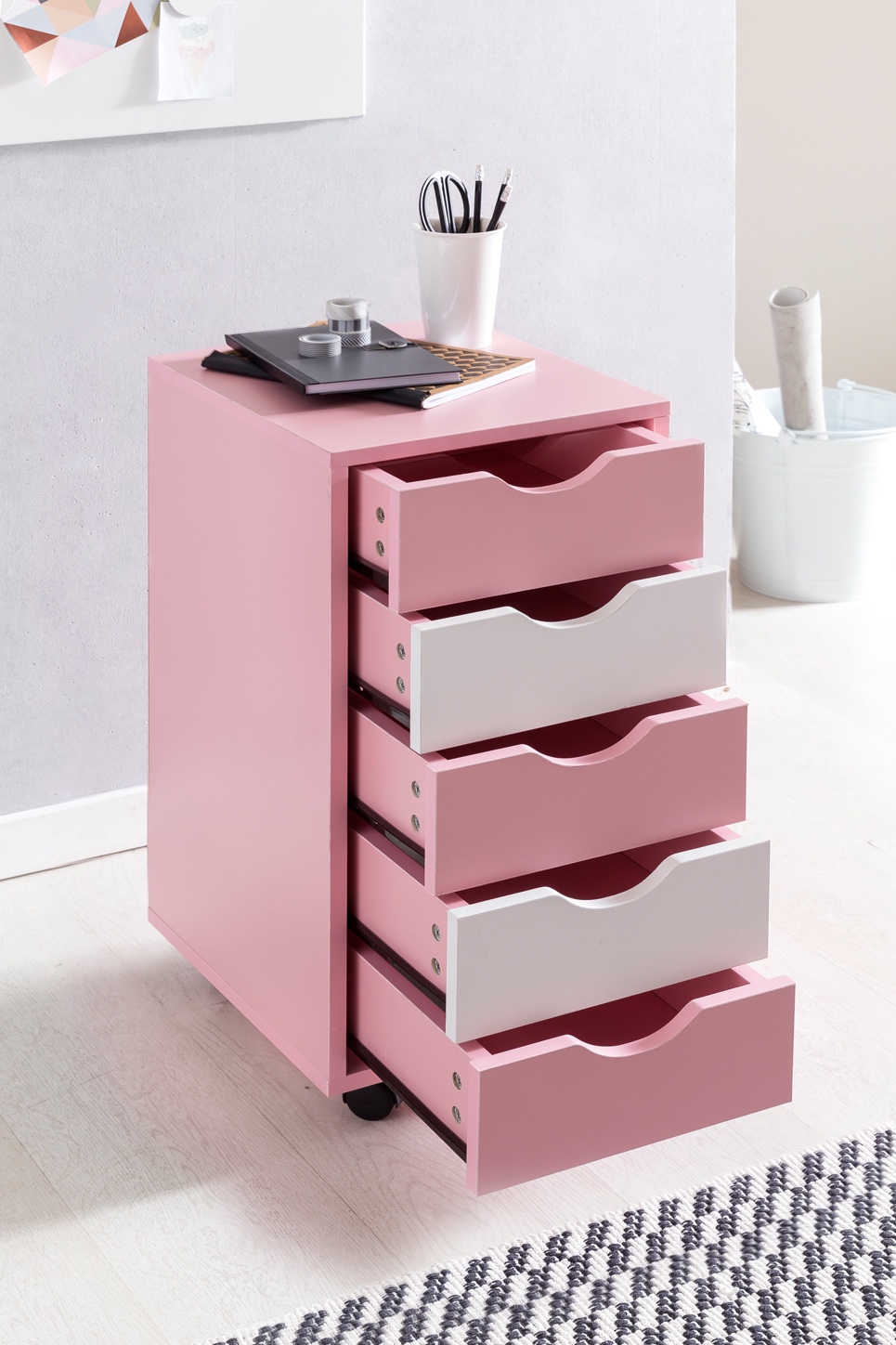 FineBuy Kinder Rollcontainer 33 x 64 x 38 cm Holz 5 Schubladen, Moderner Schubladencontainer mit Rollen, Standcontainer Bürocontainer, Rollwagen Kinderzimmer, Container Aufbewahrungsschrank | Farbe: Braun