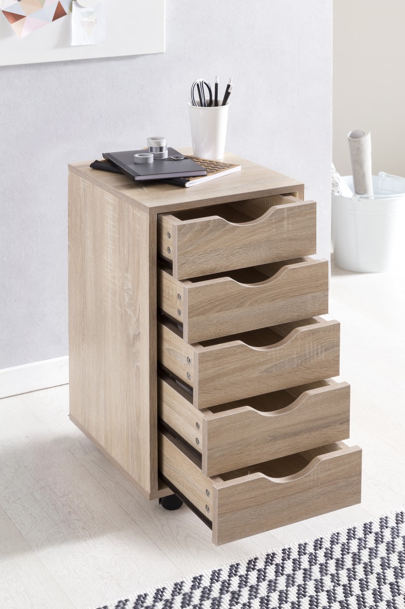 FineBuy Kinder Rollcontainer 33 x 64 x 38 cm Holz 5 Schubladen, Moderner Schubladencontainer mit Rollen, Standcontainer Bürocontainer, Rollwagen Kinderzimmer, Container Aufbewahrungsschrank | Farbe: Braun