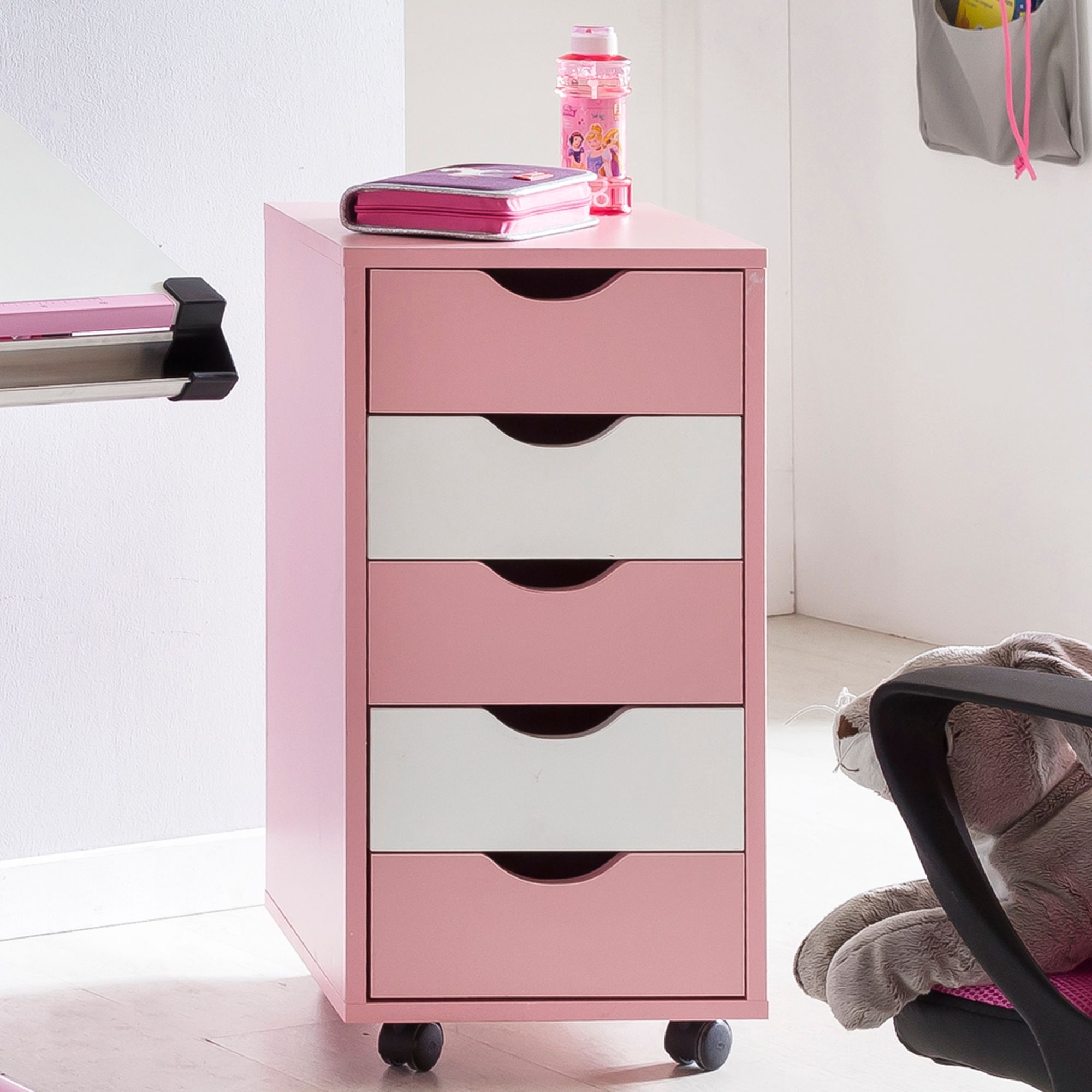 FineBuy Kinder Rollcontainer 33 x 64 x 38 cm Holz 5 Schubladen, Moderner Schubladencontainer mit Rollen, Standcontainer Bürocontainer, Rollwagen Kinderzimmer, Container Aufbewahrungsschrank | Farbe: Braun